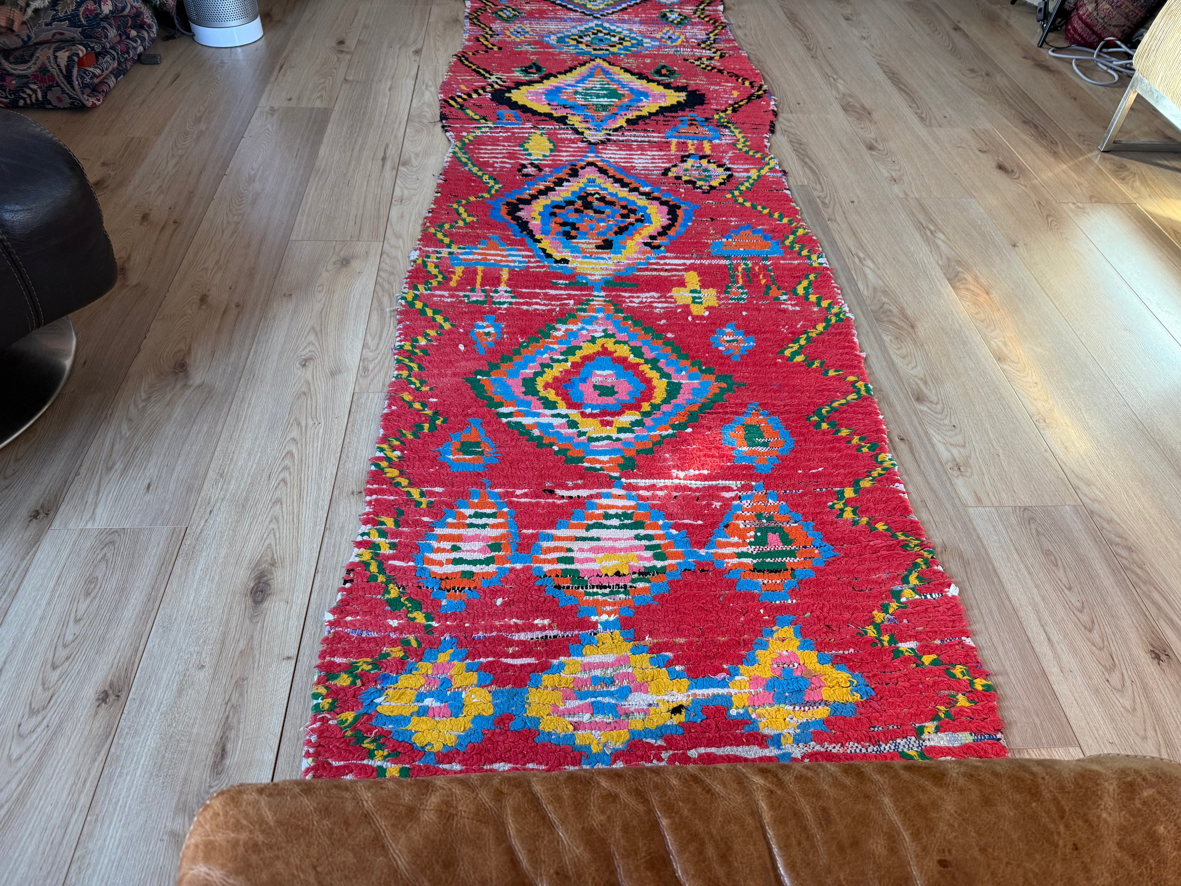 Handgeweven vintage loper met levend ritme 334 × ca. 92 cm (organisch variërend)