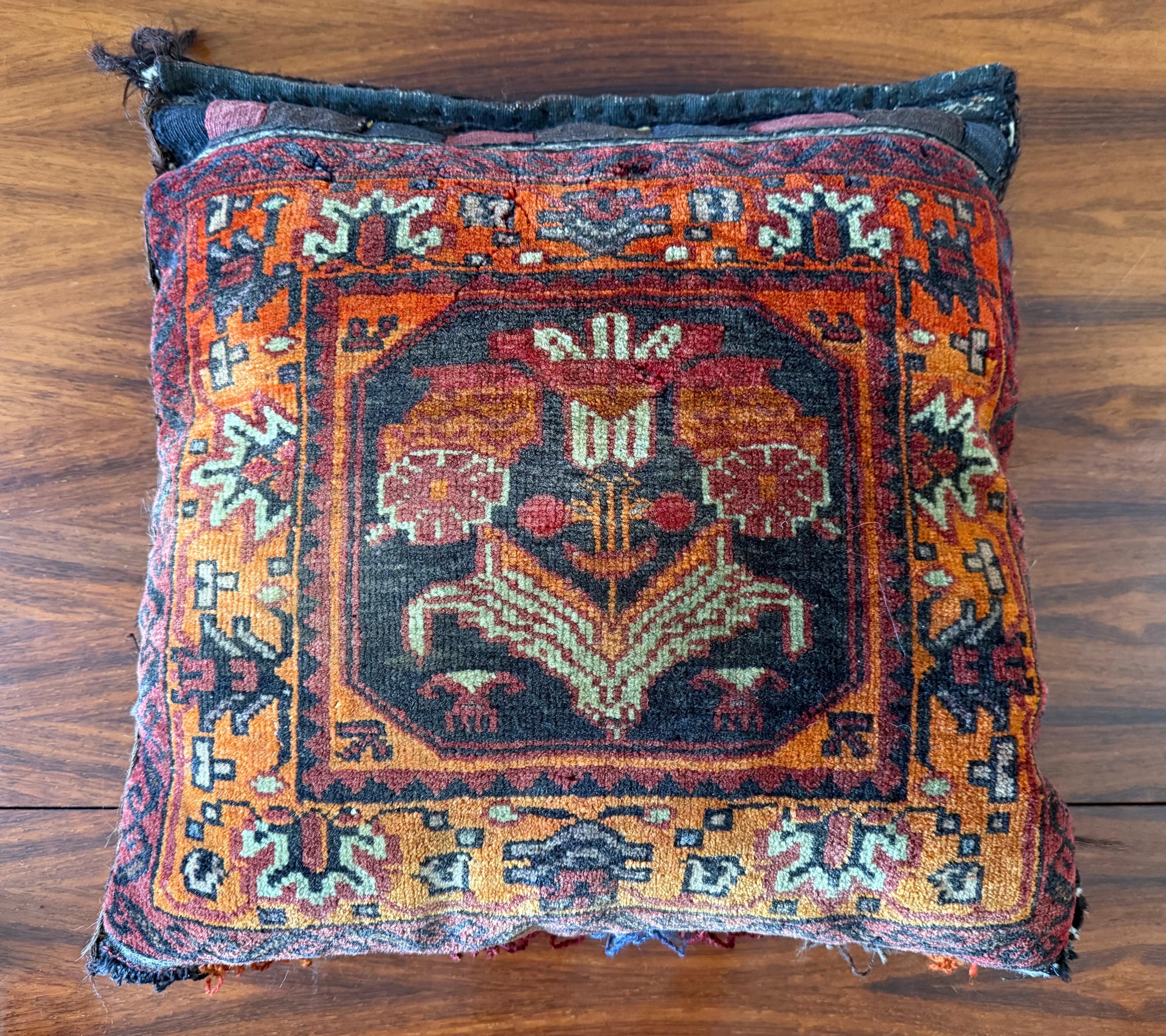 Vintage nomadic floor cushion made of hand-knotted wool, one of a kind