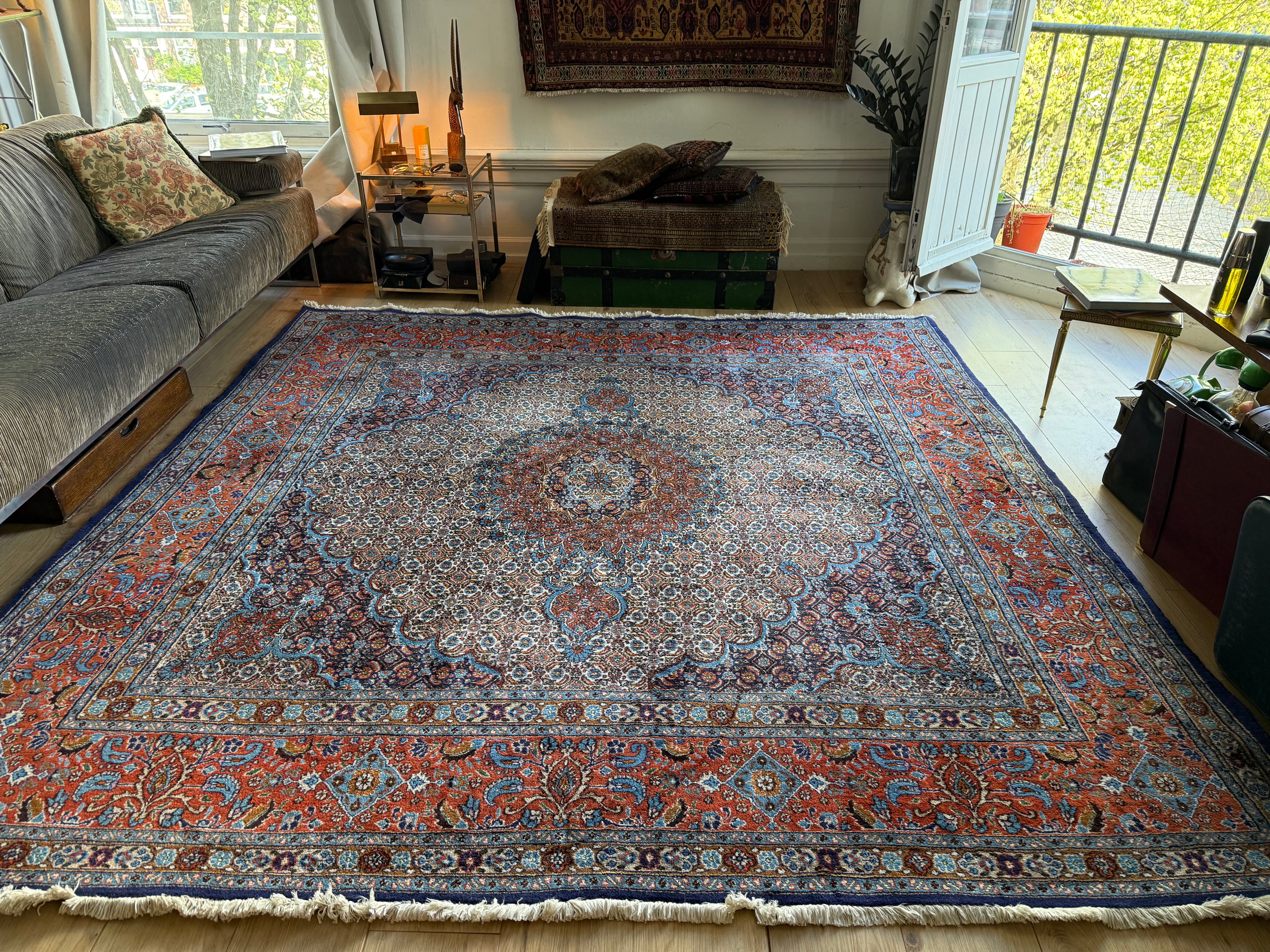 Handgeknoopt klassiek medaillon tapijt, ( vierkant ) rijk rood & blauw – 253 × 246 cm