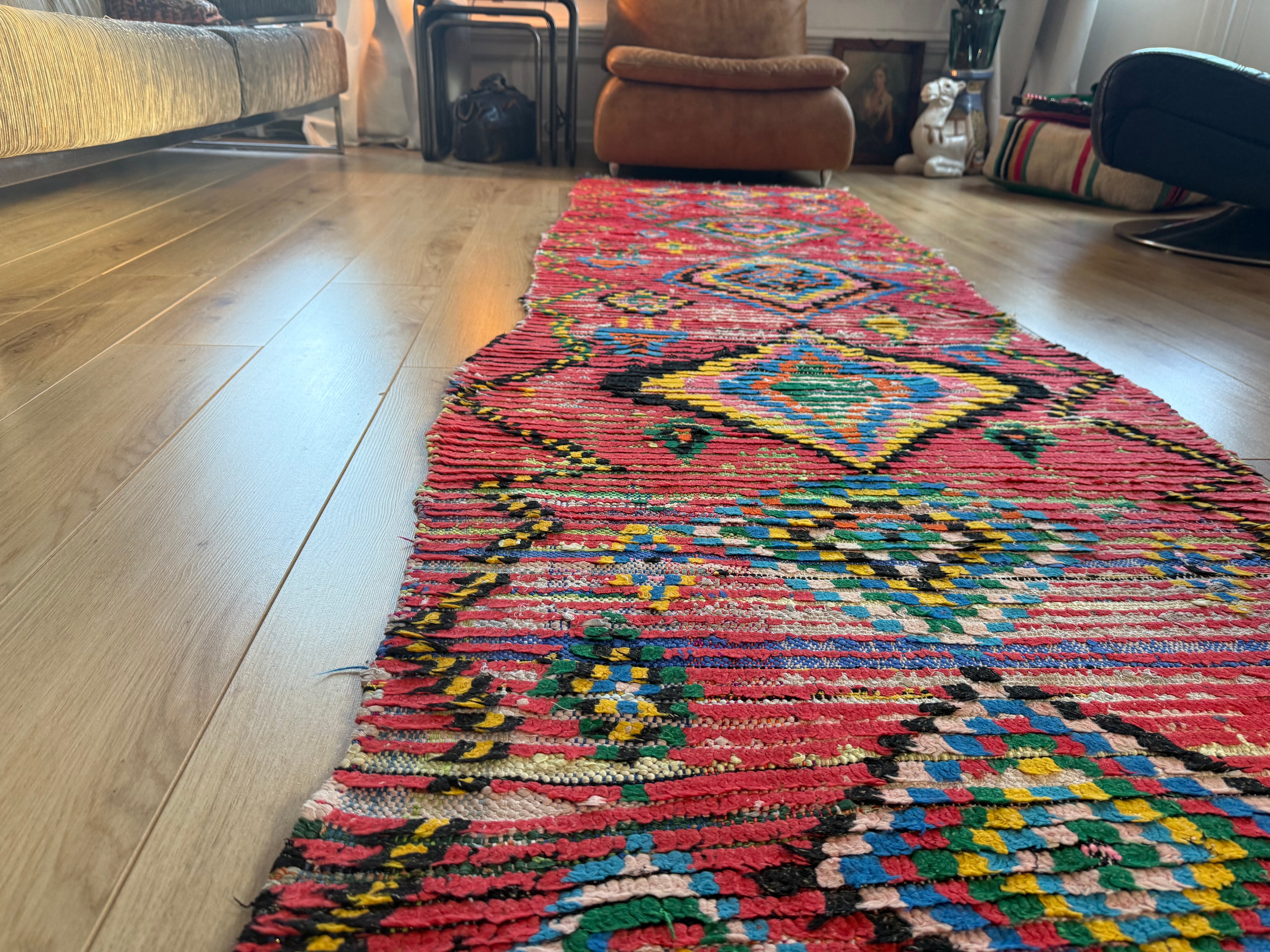 Handgeweven vintage loper met levend ritme 334 × ca. 92 cm (organisch variërend)