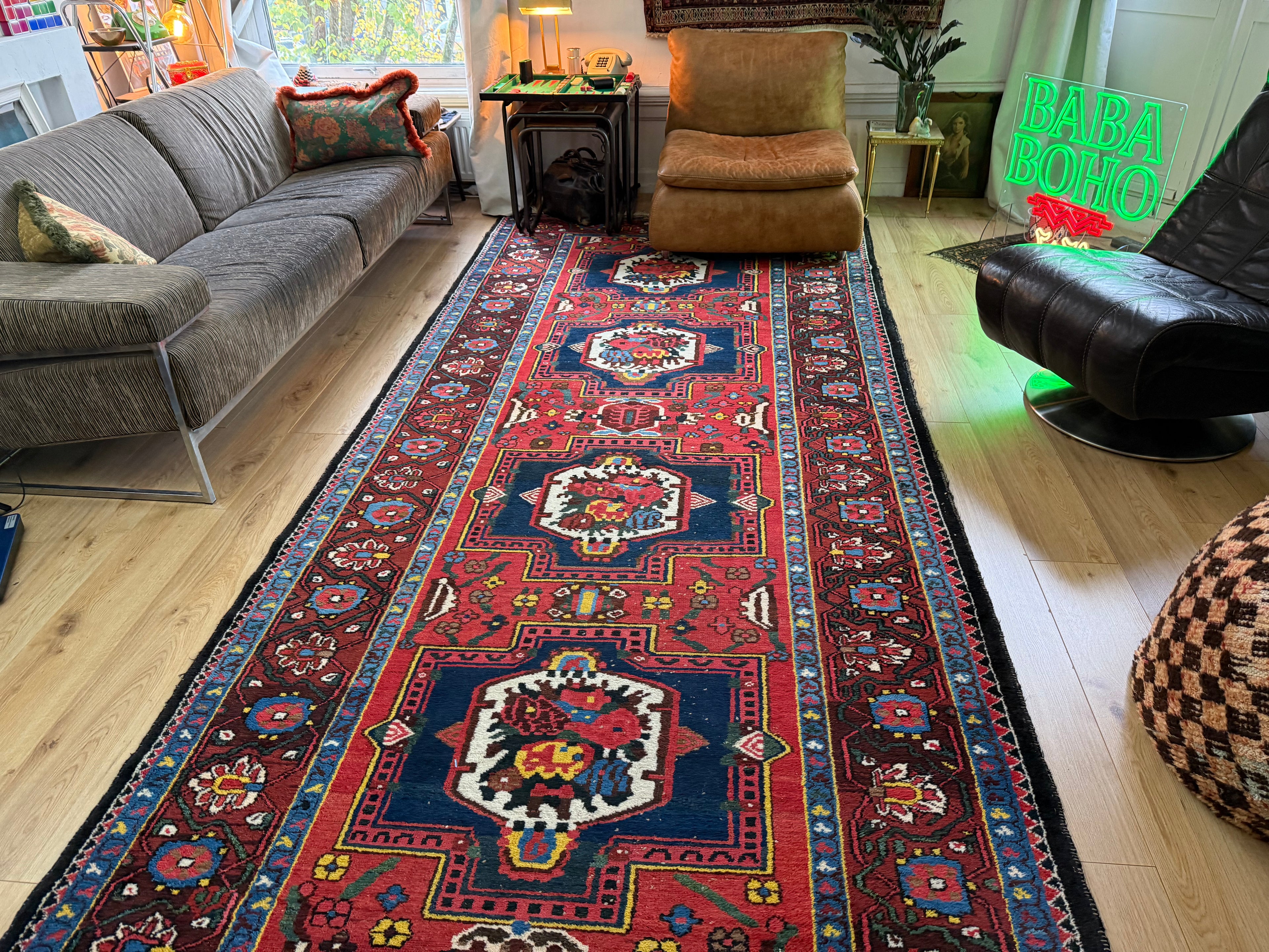 Lang vintage Heriz-stijl tapijt – 405 × 165 cm