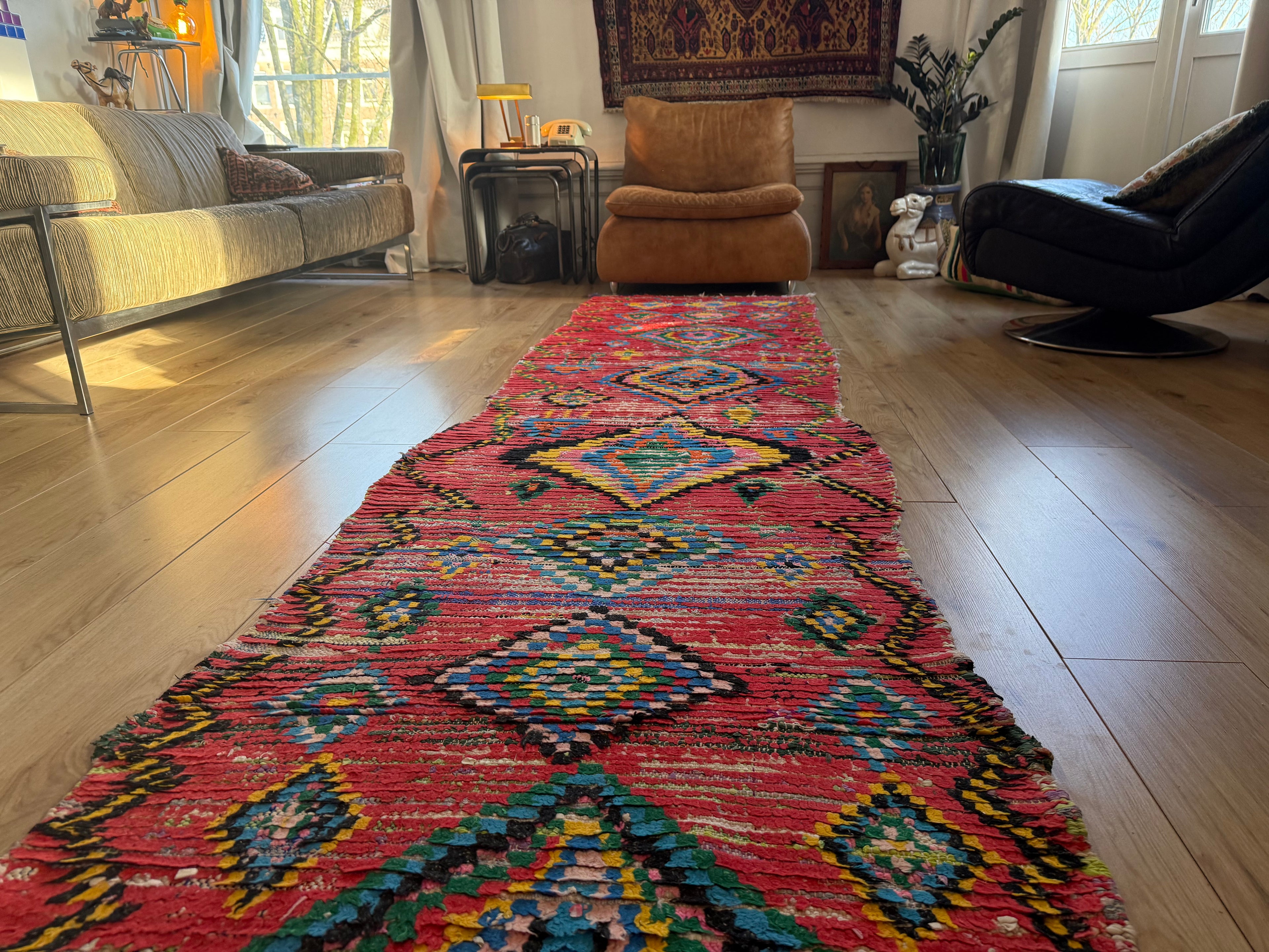 Handgeweven vintage loper met levend ritme 334 × ca. 92 cm (organisch variërend)