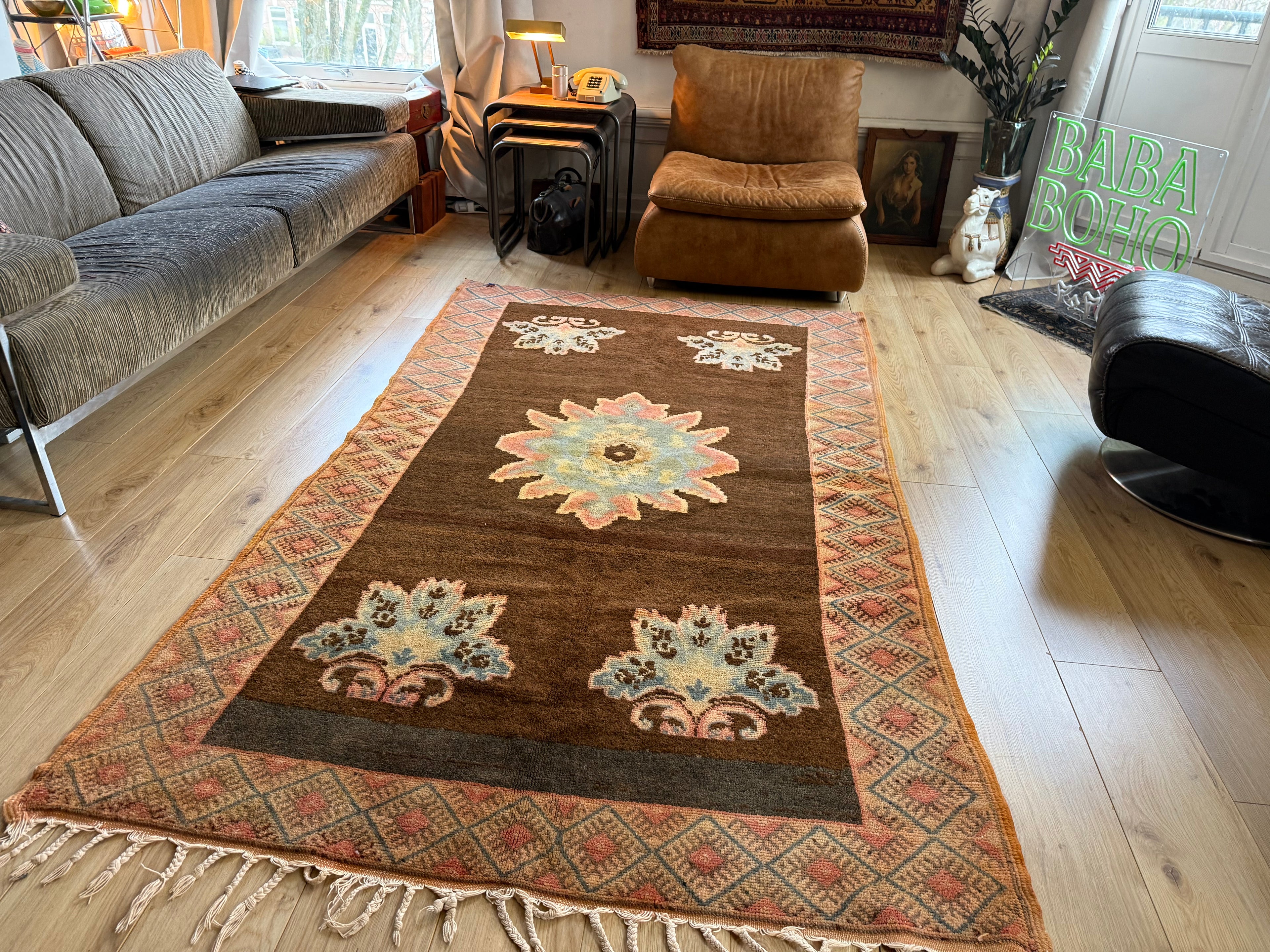 Vintage Marokkaans tapijt – 255 × 141 cm – ca. 1970–1990