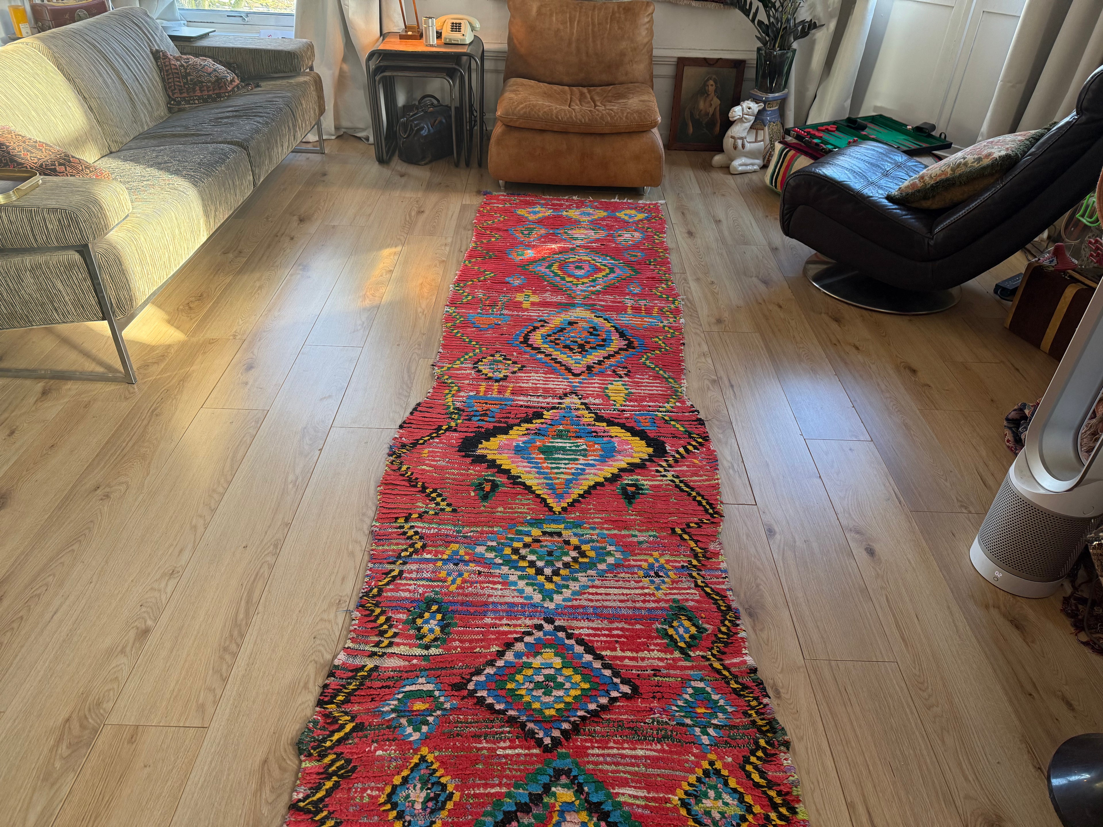 Handgeweven vintage loper met levend ritme 334 × ca. 92 cm (organisch variërend)