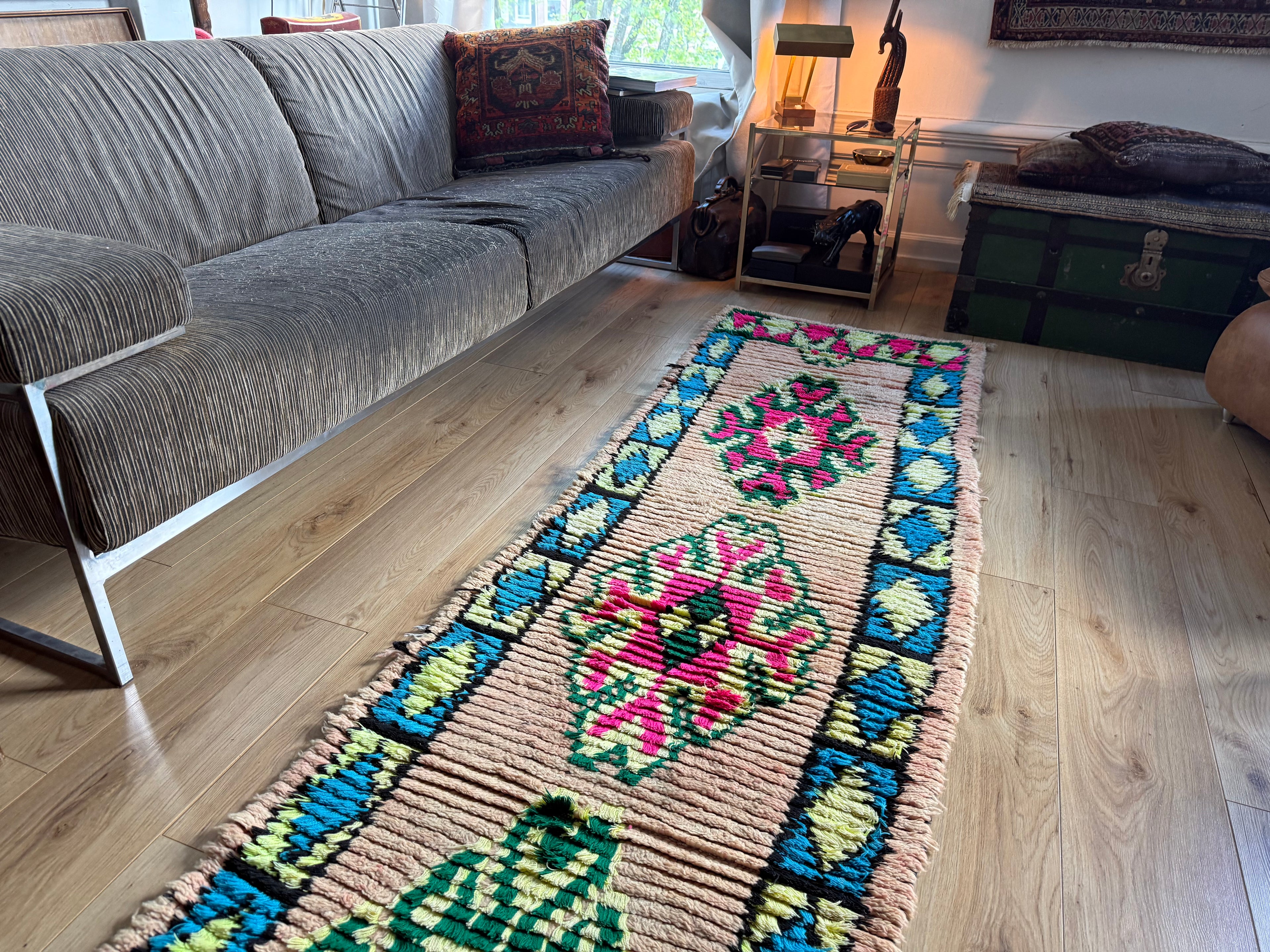 Vintage Moroccan Runner in Pink and Turquoise – 280 × 78 cm