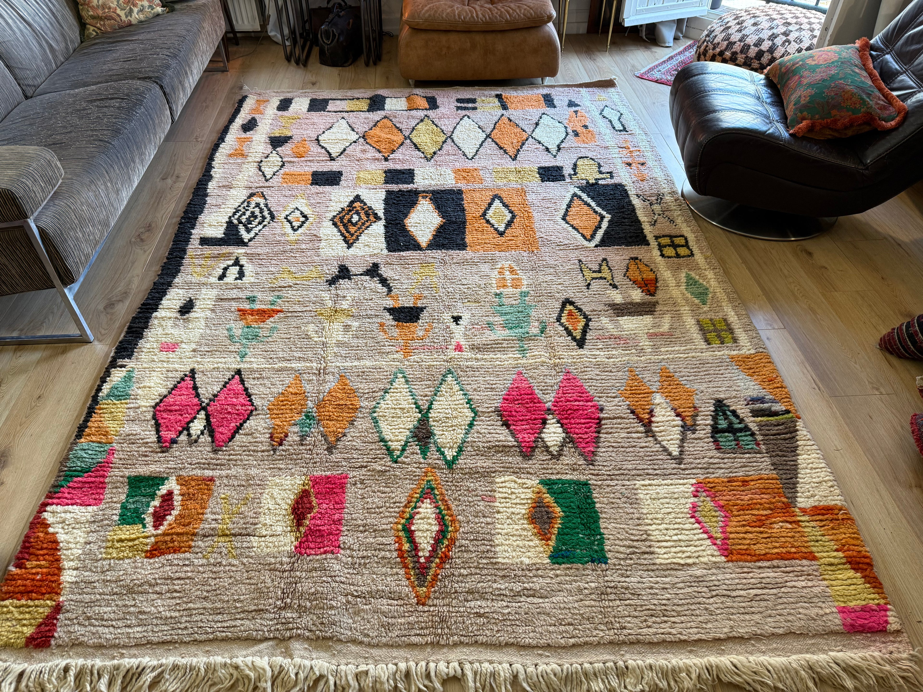 Handgeknoopt Marokkaans vloerkleed – ca. 300 × 200 cm – kleurrijk geometrisch design