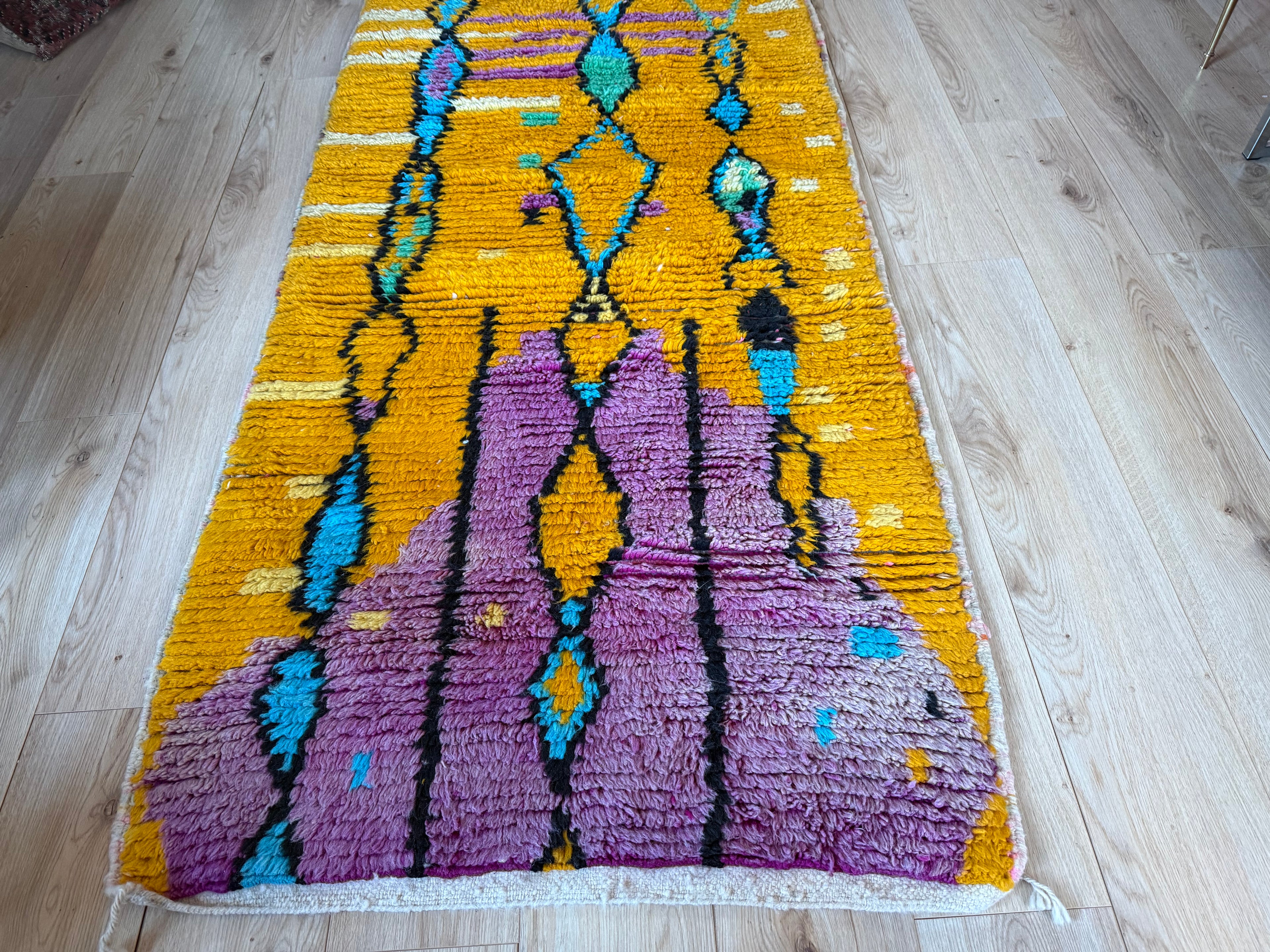Vintage Moroccan runner – mustard yellow, lilac, and turquoise – 211 × 100 cm