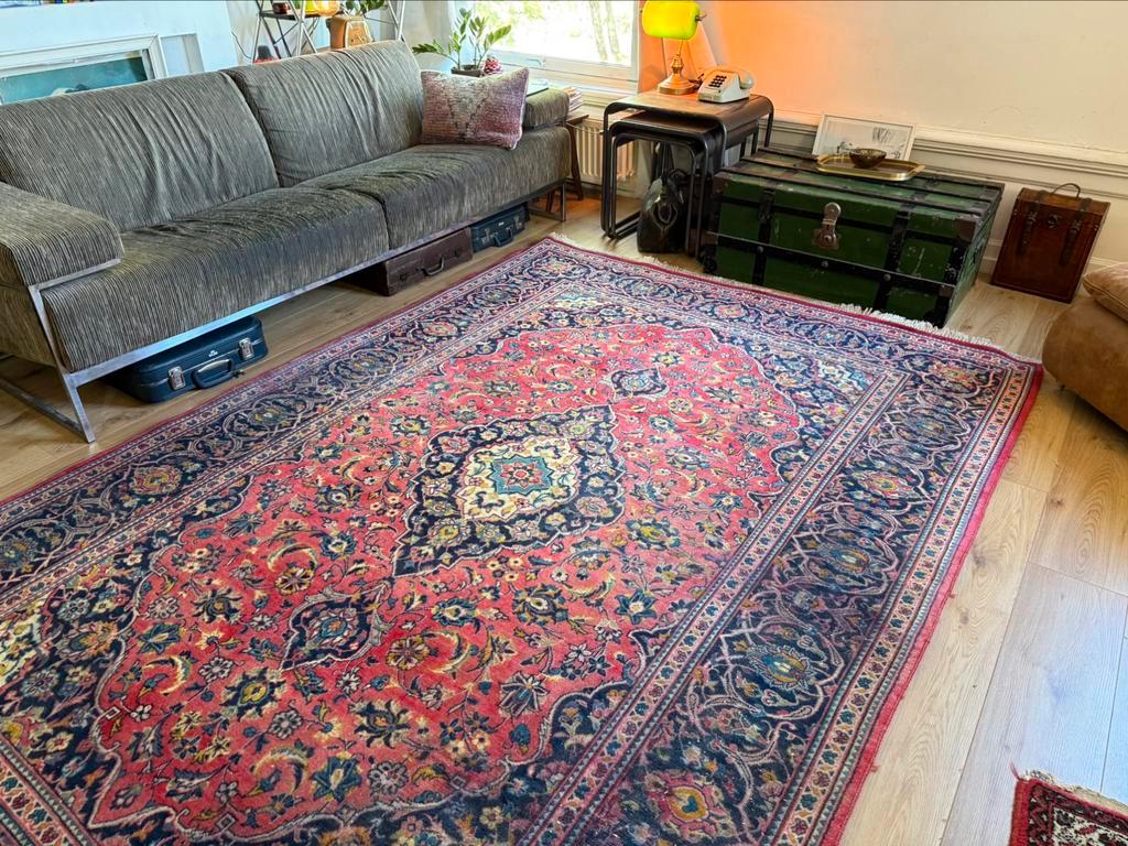 Handgeknoopt sleets vintage vloerkleed Oosterse Kashan stijl 195 x 300 cm