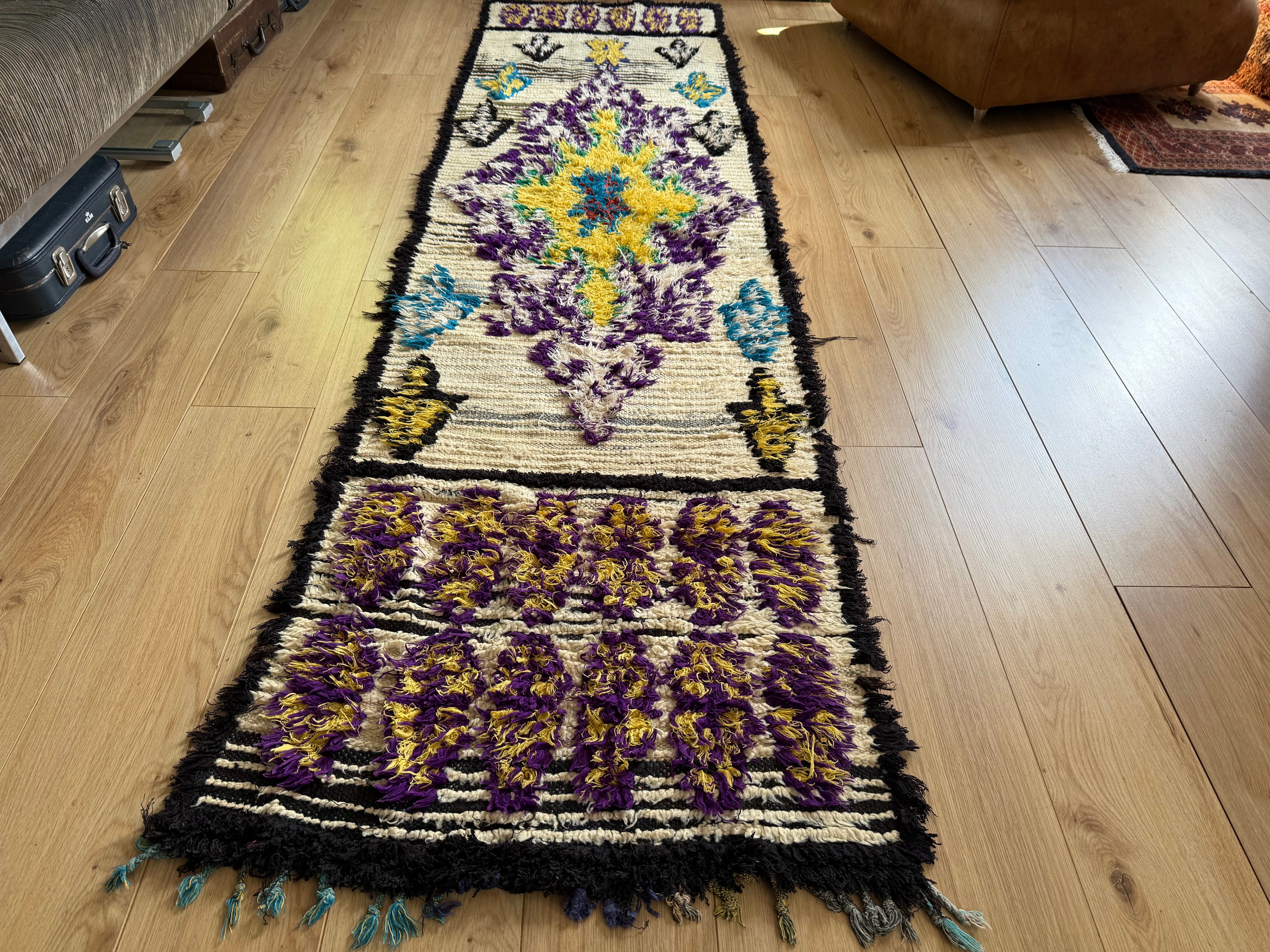 Handgeknoopte vintage Marokaanse Boucherouite loper – ca. 80 × 280 cm
