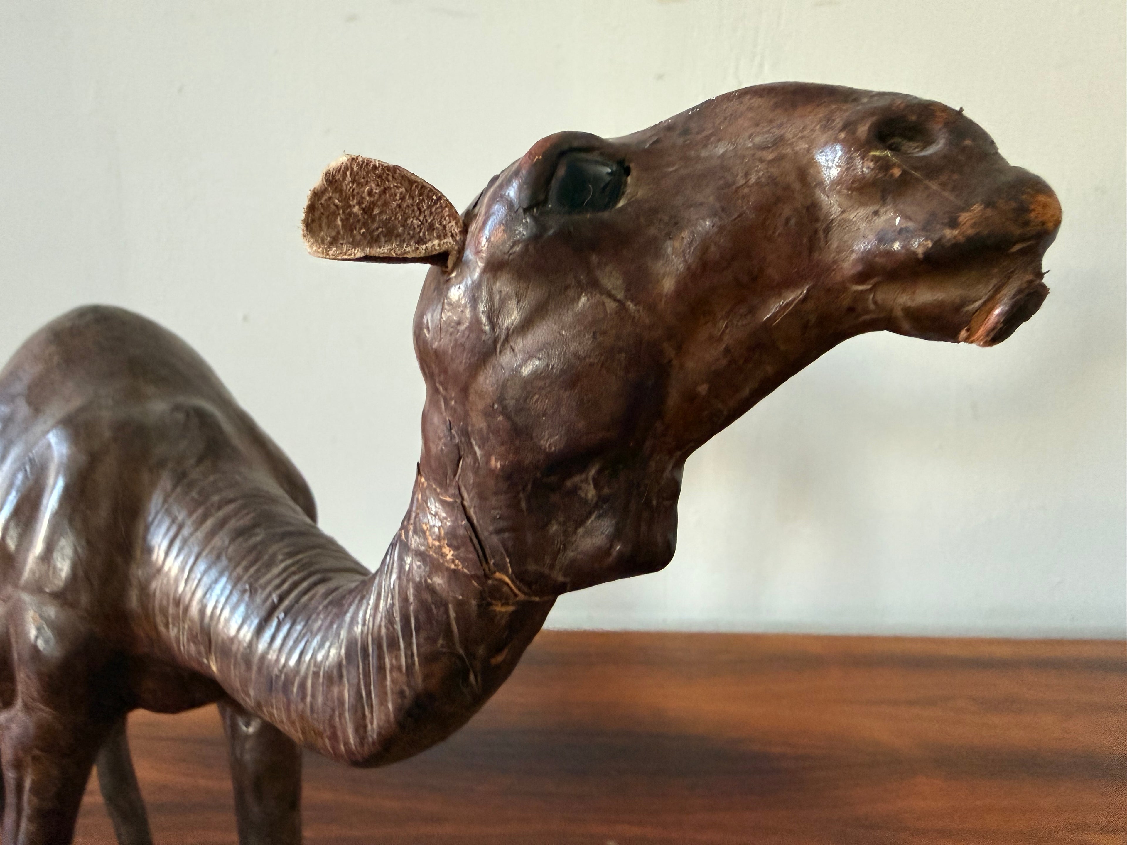 Vintage Dark Leather Camel (Dromedary) – Sculptural Handcrafted Wood & Leather Object