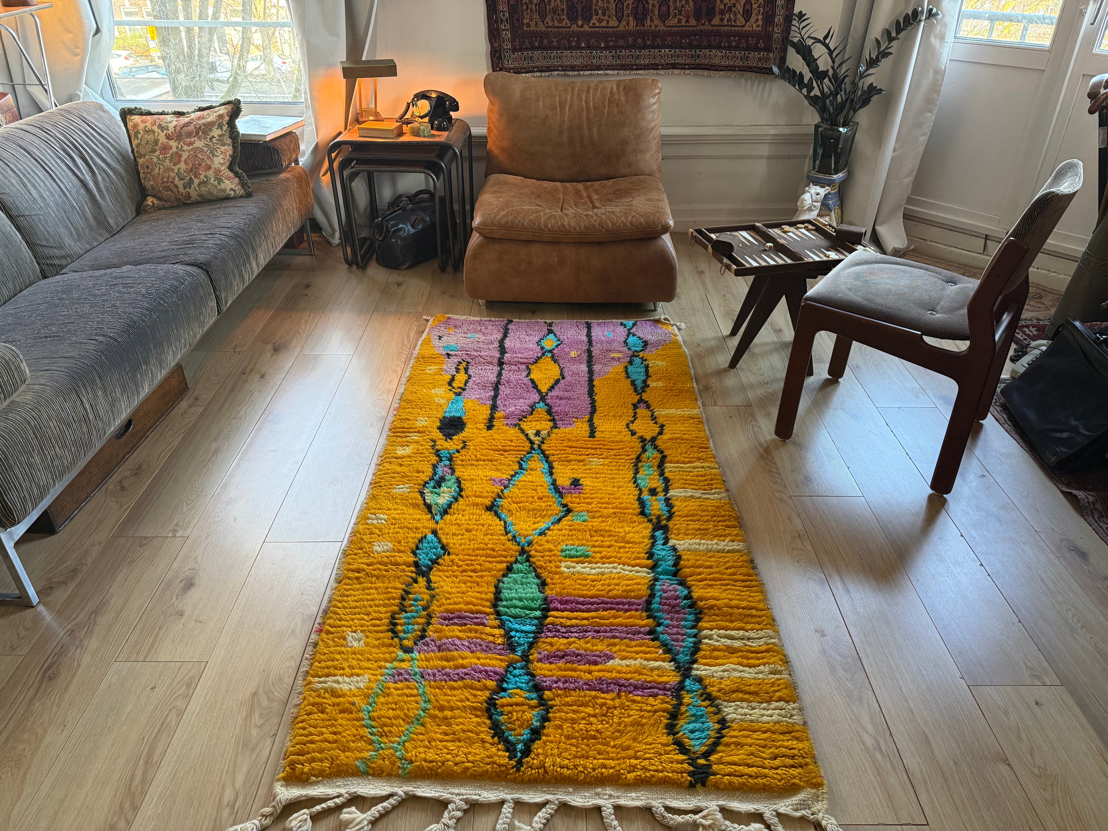 Vintage Moroccan runner – mustard yellow, lilac, and turquoise – 211 × 100 cm