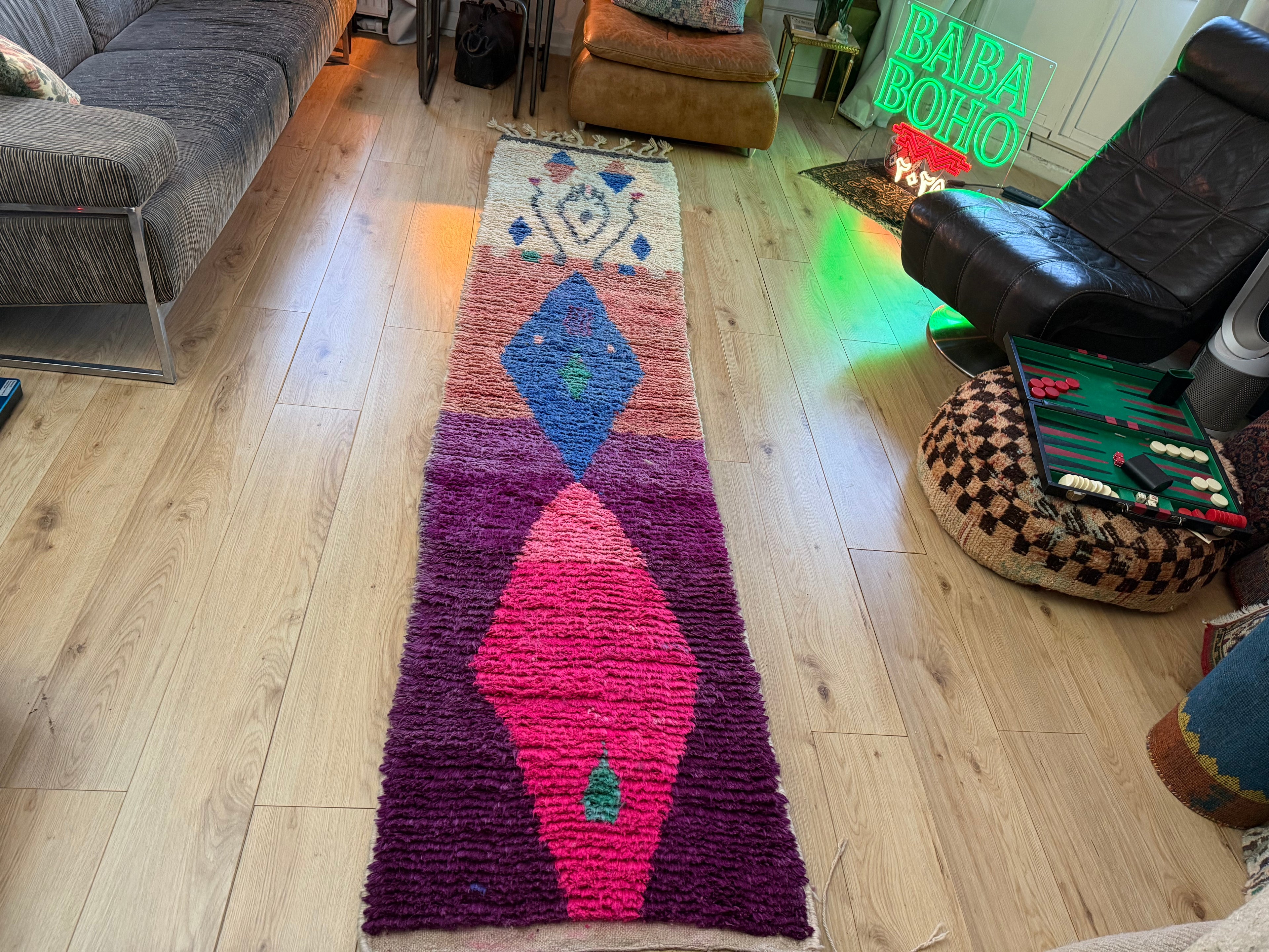 Authentiek Berber wollen kleed – kleurrijke Marokkaanse loper (310 × 70 cm)