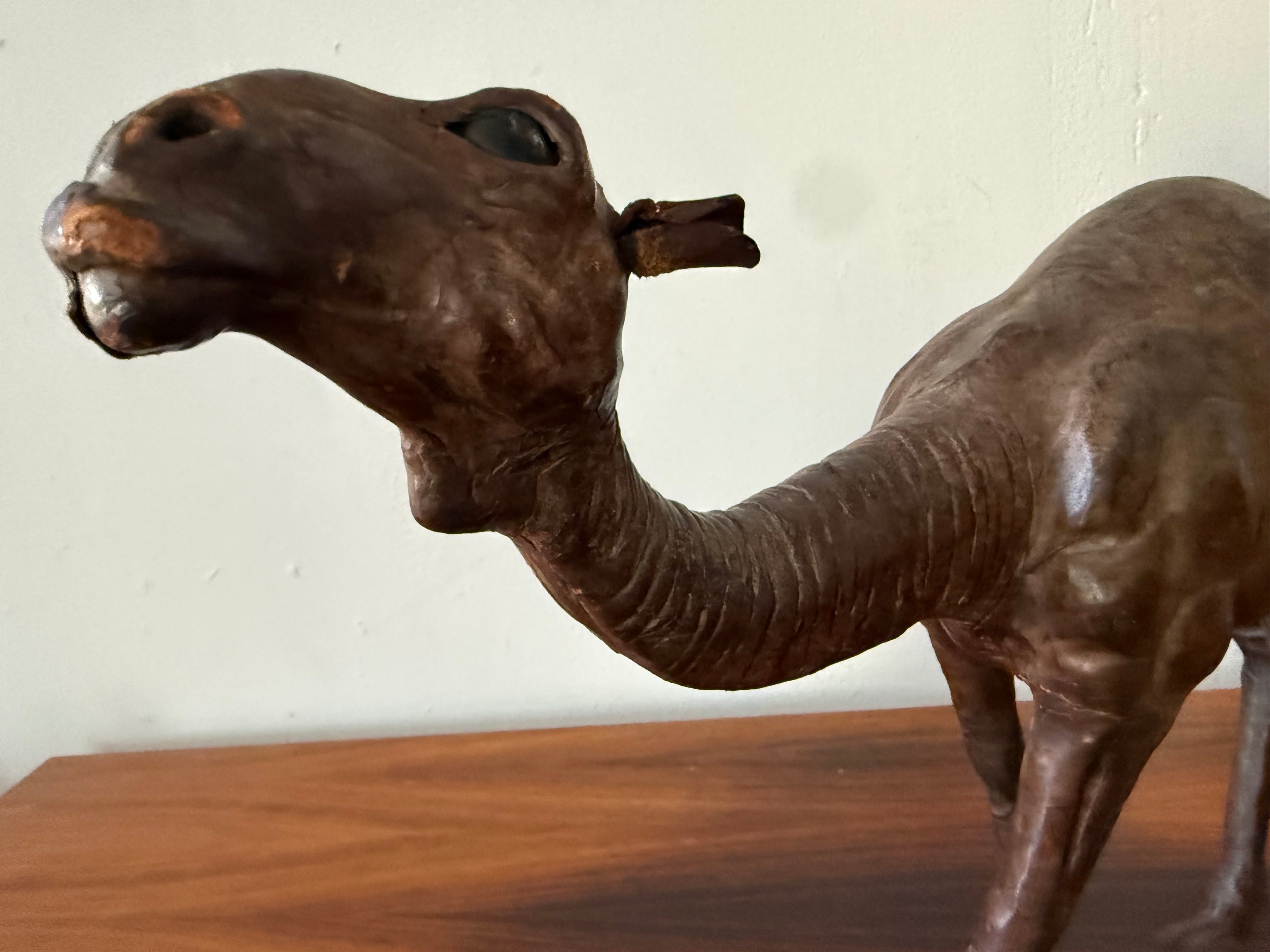 Vintage Dark Leather Camel (Dromedary) – Sculptural Handcrafted Wood & Leather Object