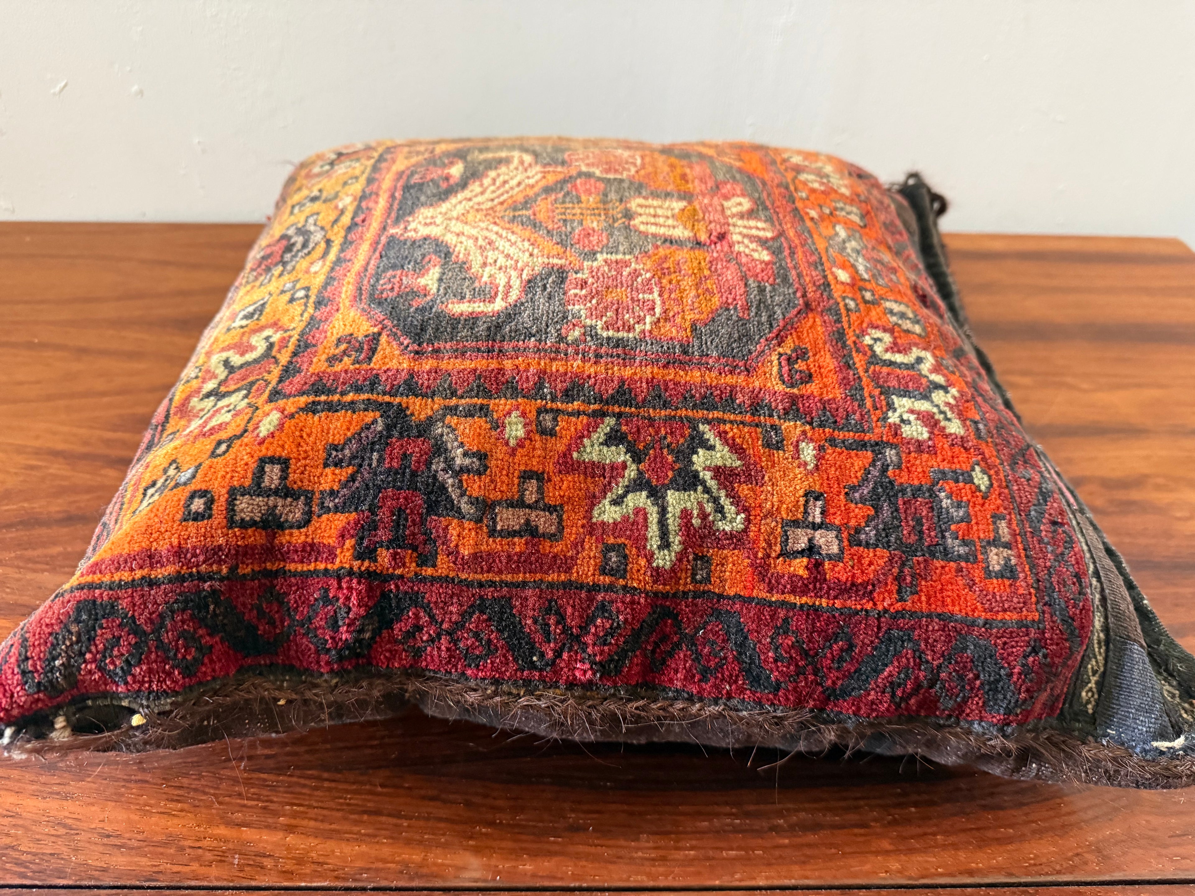 Vintage nomadic floor cushion made of hand-knotted wool, one of a kind