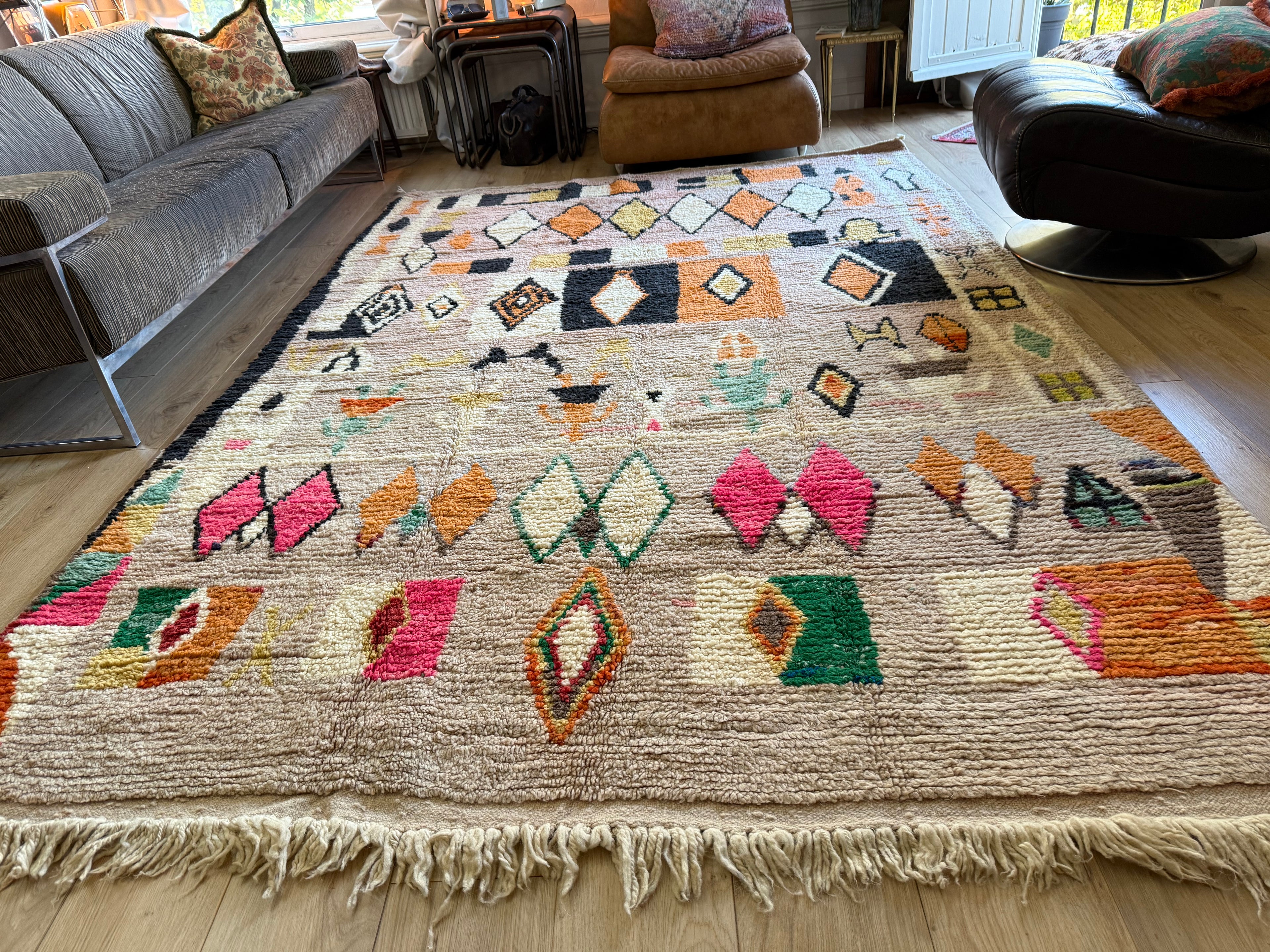 Handgeknoopt Marokkaans vloerkleed – ca. 300 × 200 cm – kleurrijk geometrisch design