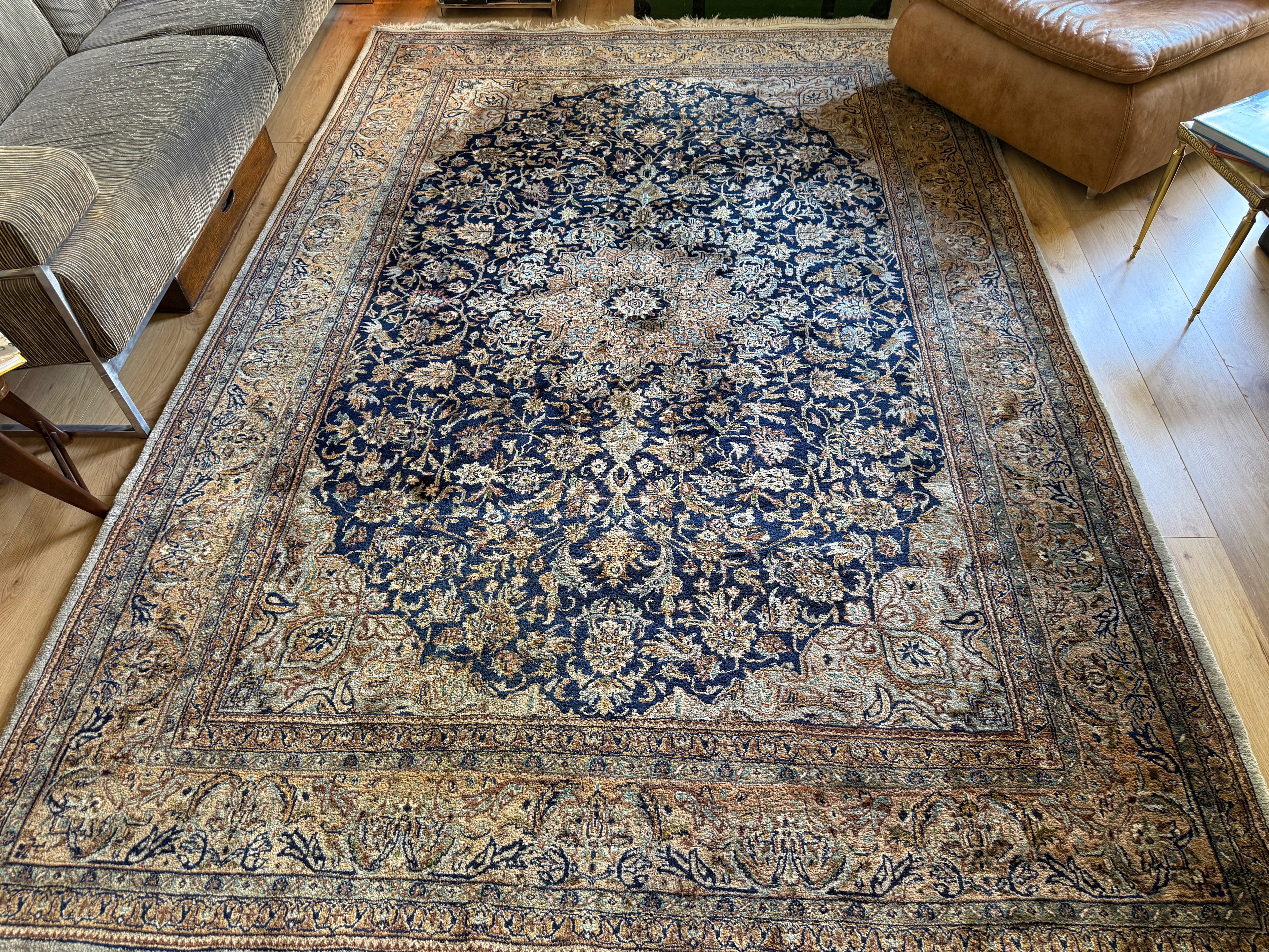 Handgeknoopt tapijt 304 × 202 cm – Kashan stijl – blauw veld