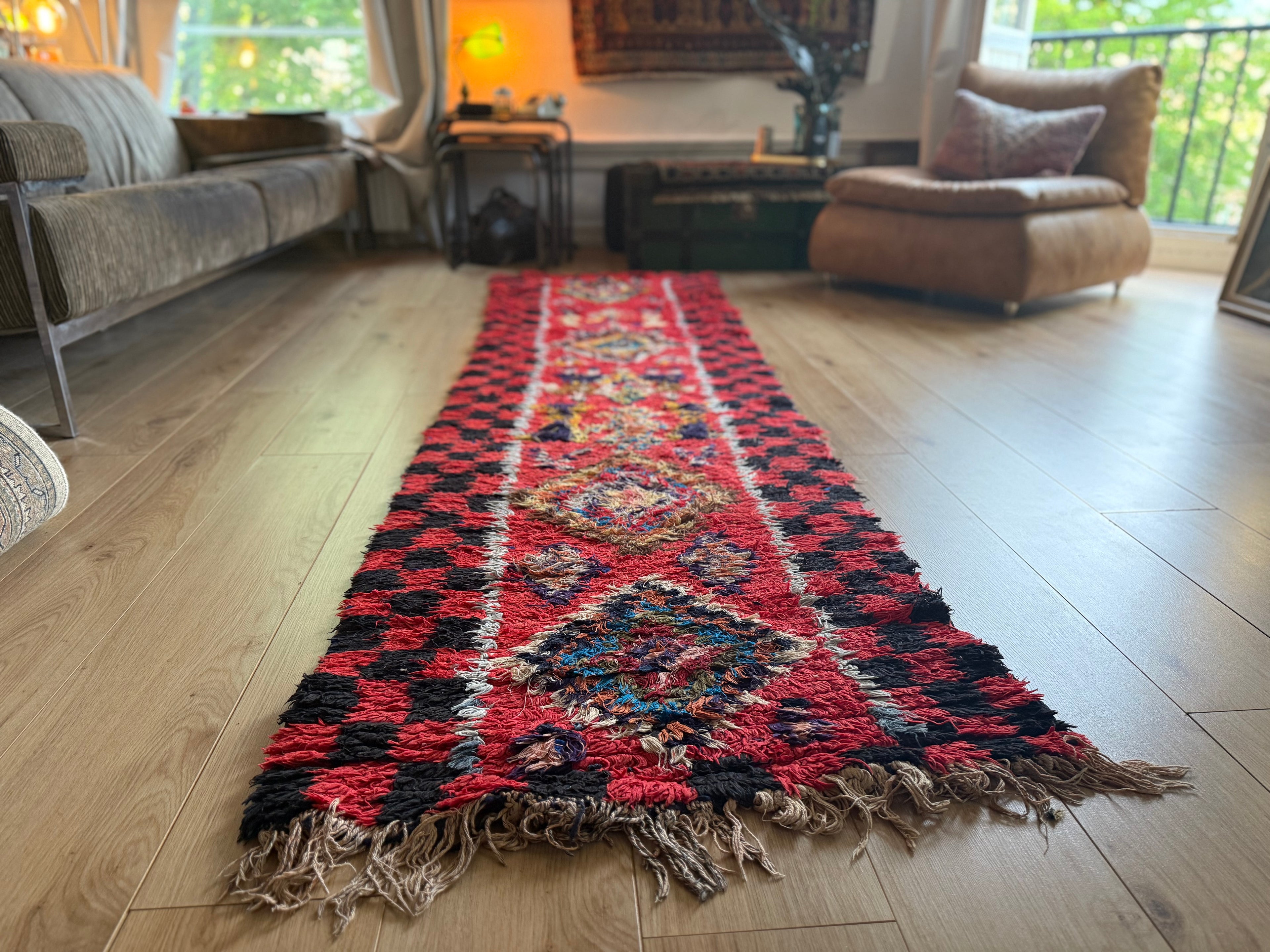 Handgeknoopt vintage tapijt – Boucherouite loper – ca. 295 × 85 cm