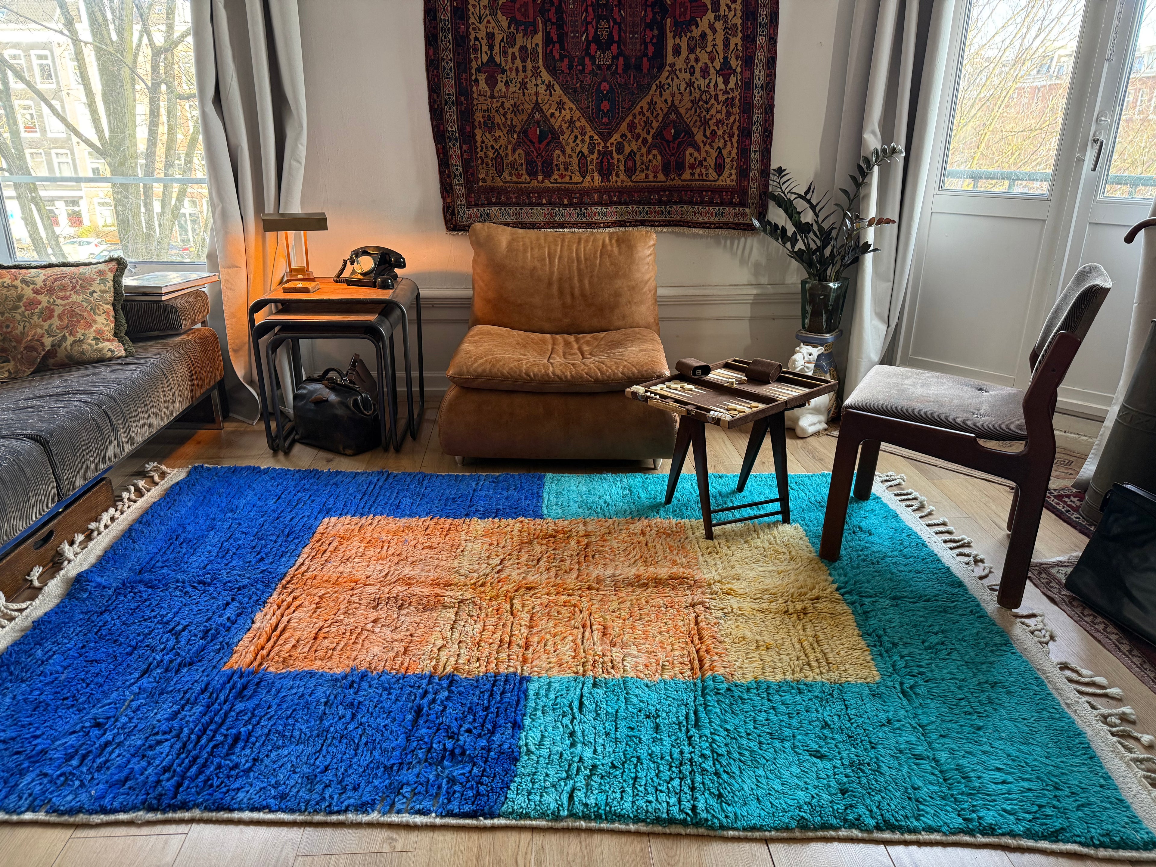 Modern hoogpolig vintage tapijt 260 × 156 cm – grafisch kleurvlakdesign