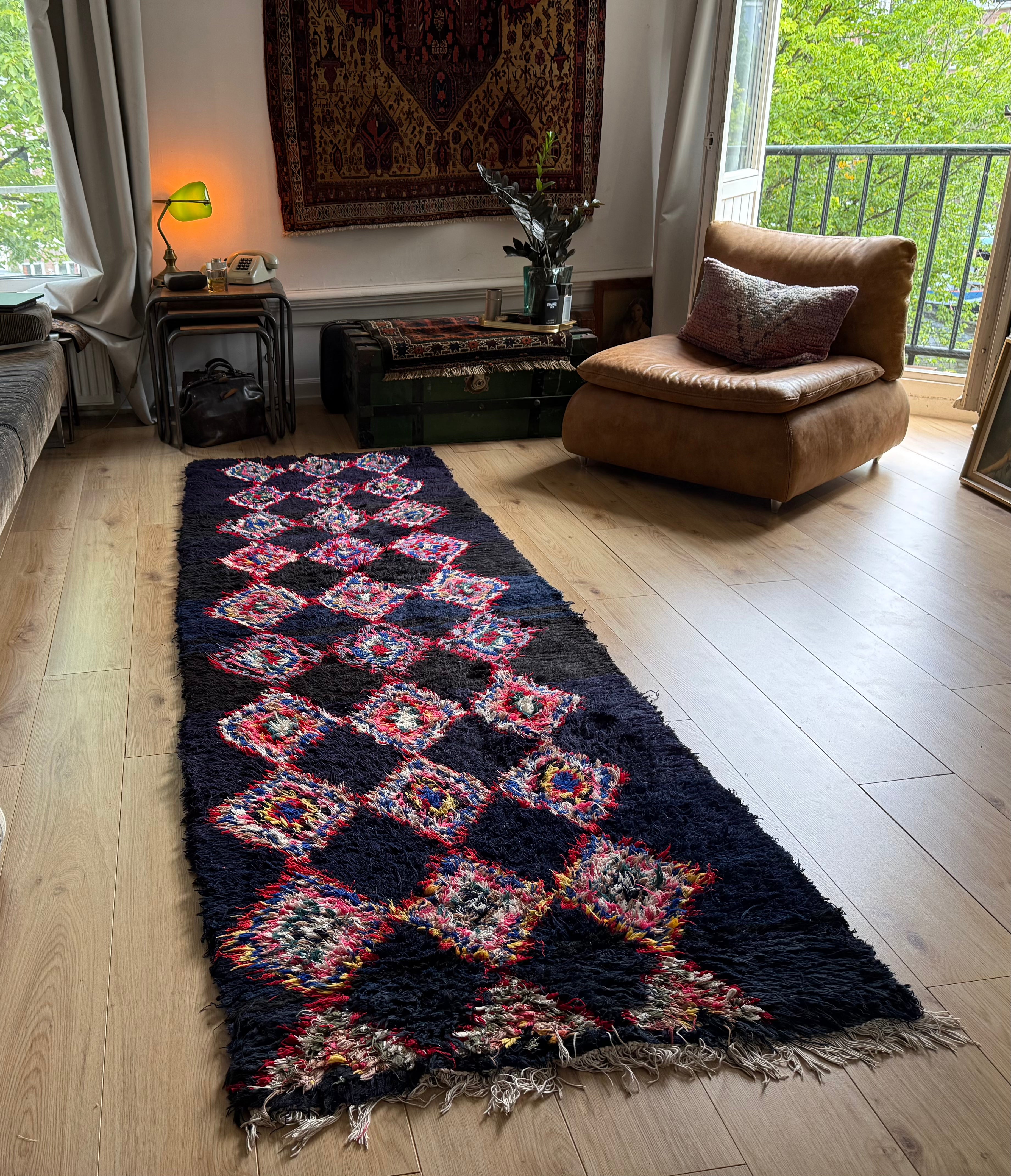 Handgeknoopte Marokkaanse Boucherouite-loper – ca. 310 × 85 cm