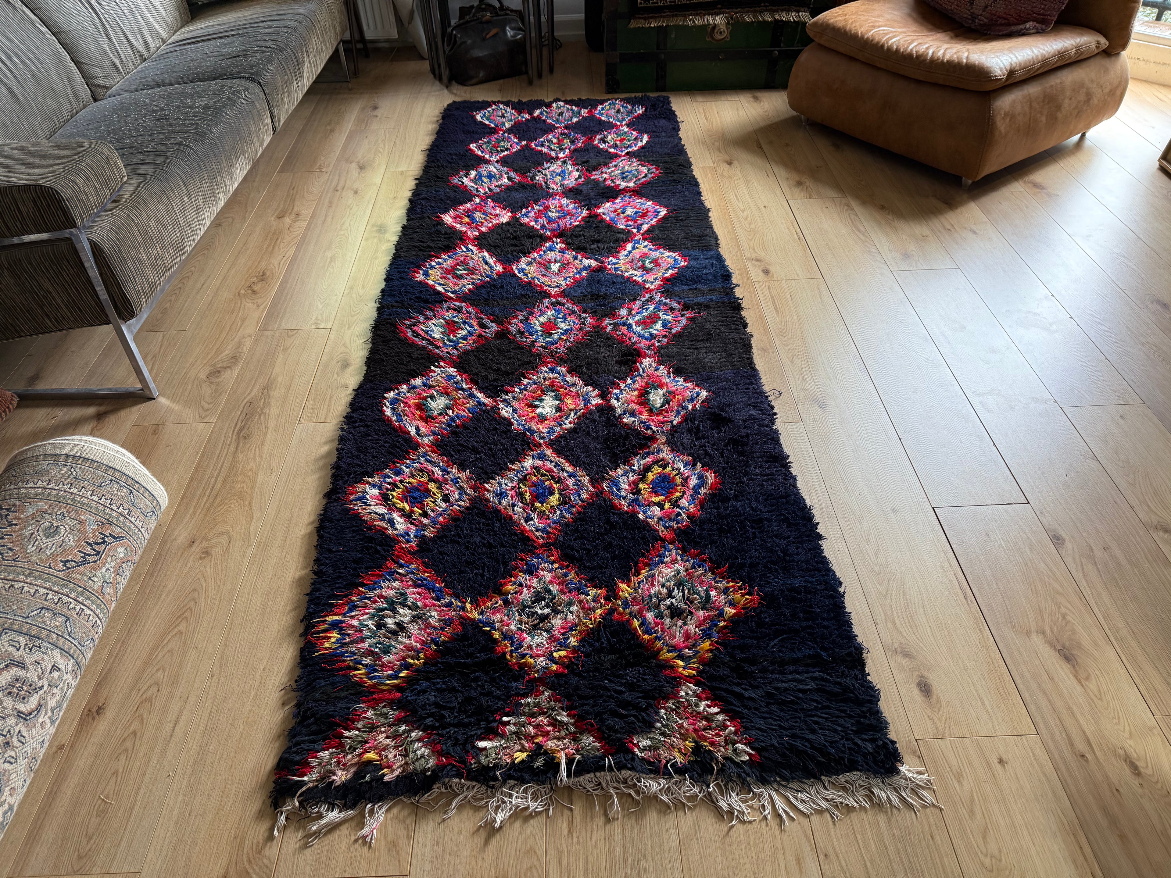 Handgeknoopte Marokkaanse Boucherouite-loper – ca. 310 × 85 cm