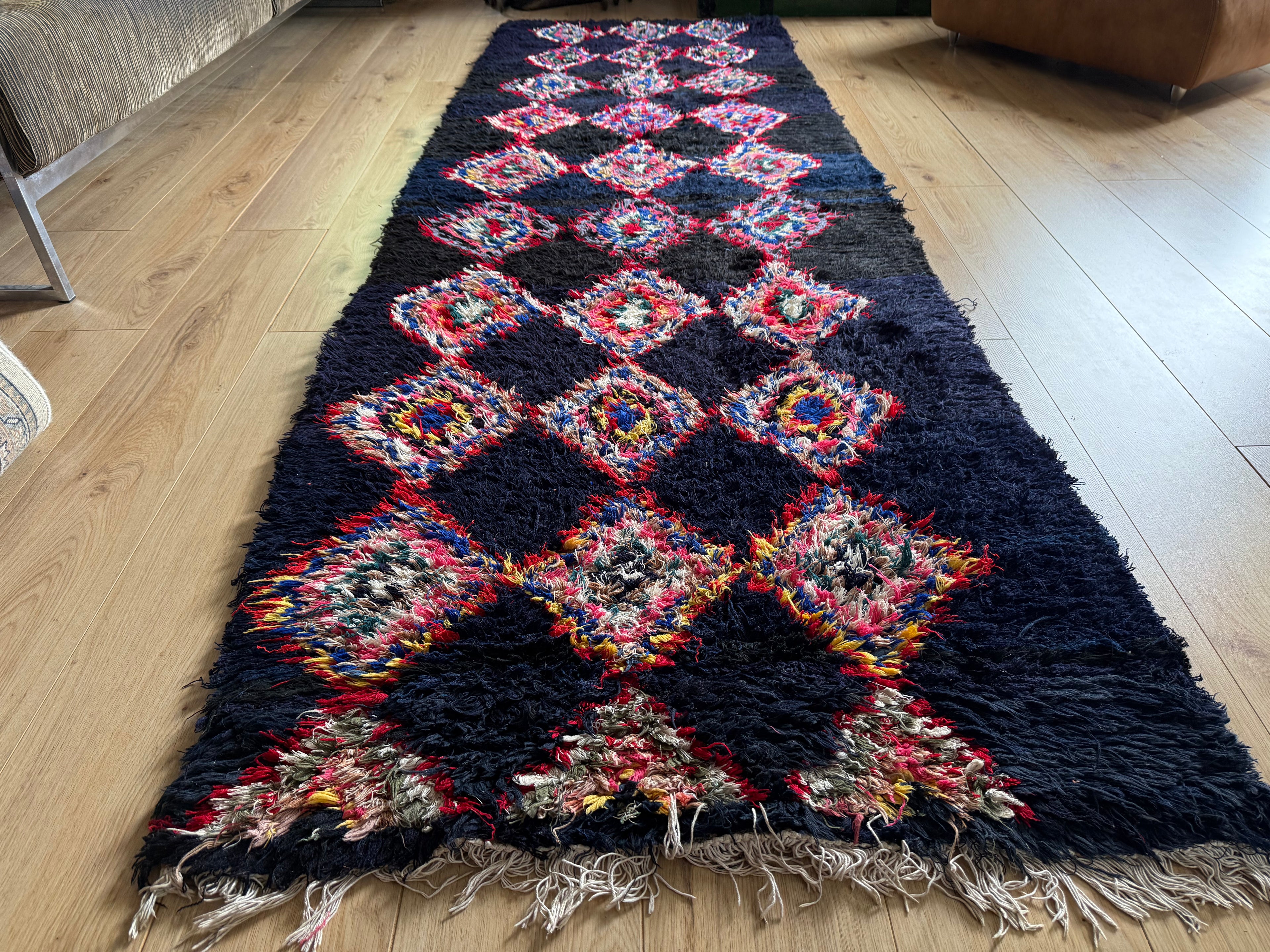 Handgeknoopte Marokkaanse Boucherouite-loper – ca. 310 × 85 cm