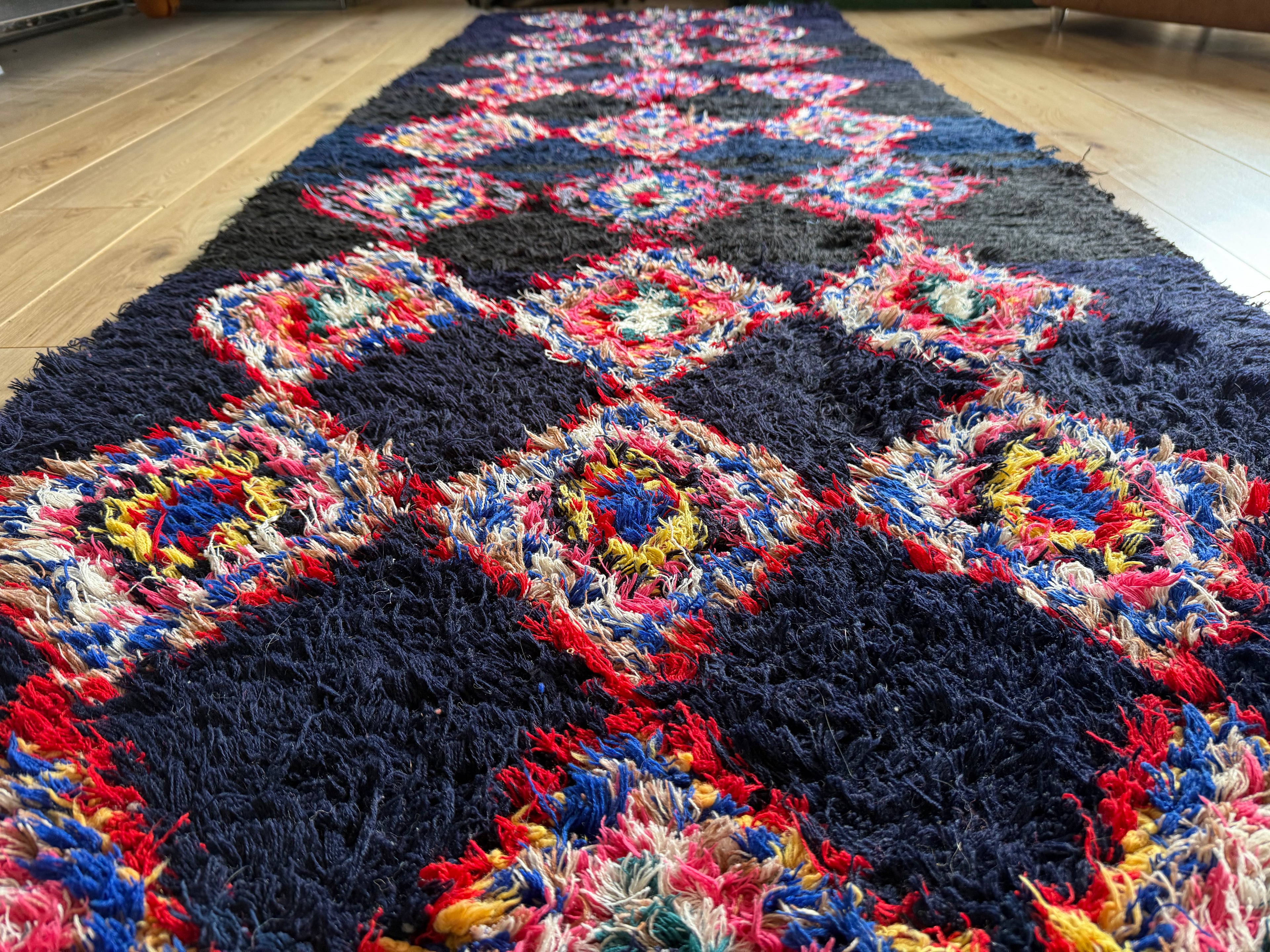 Handgeknoopte Marokkaanse Boucherouite-loper – ca. 310 × 85 cm