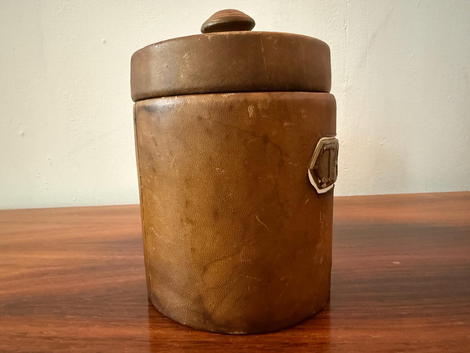 Vintage leather tobacco jar with ceramic lid – mid 20th century – Dunhill Paris label