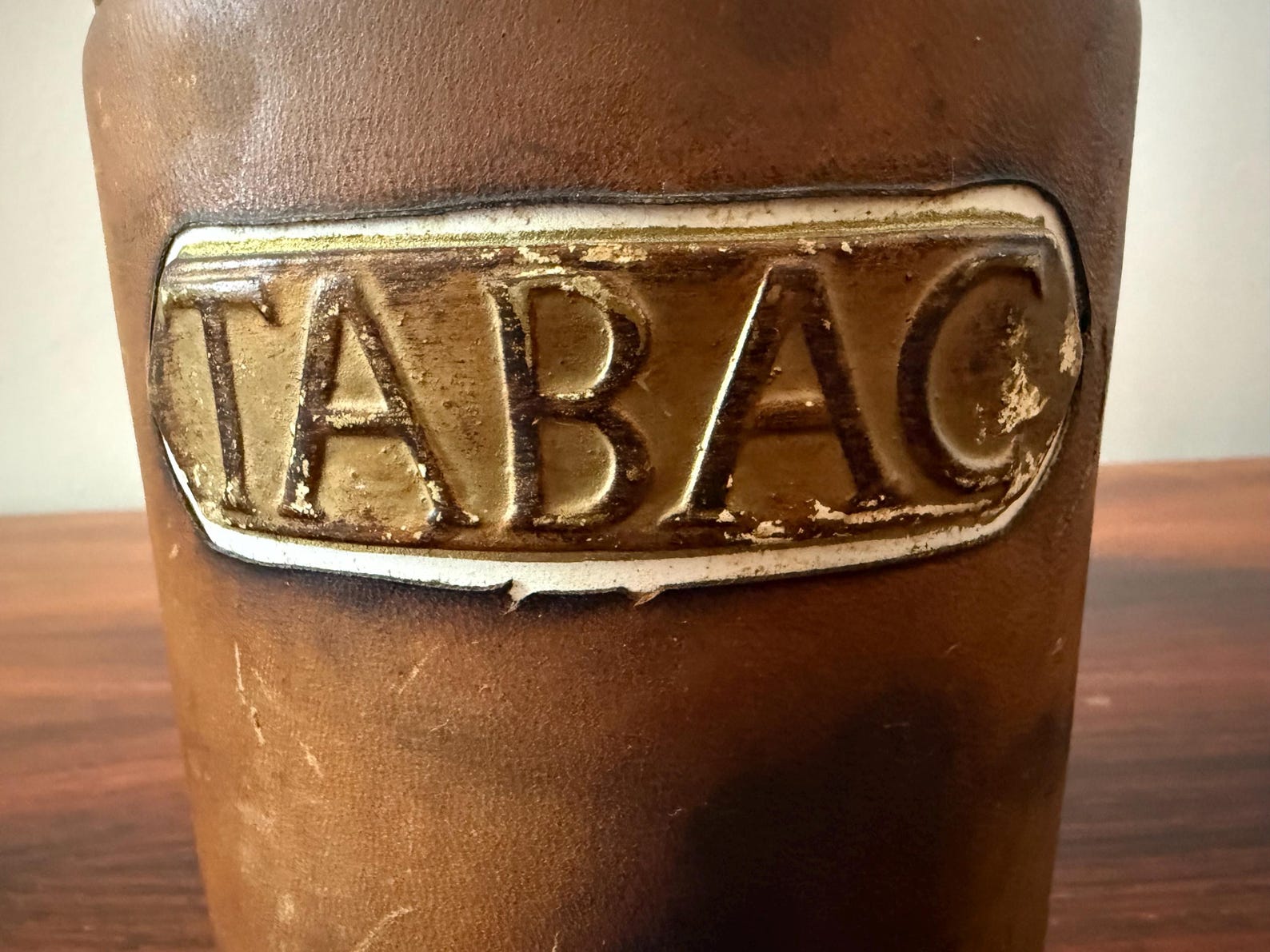 Vintage leather tobacco jar with ceramic lid – mid 20th century – Dunhill Paris label