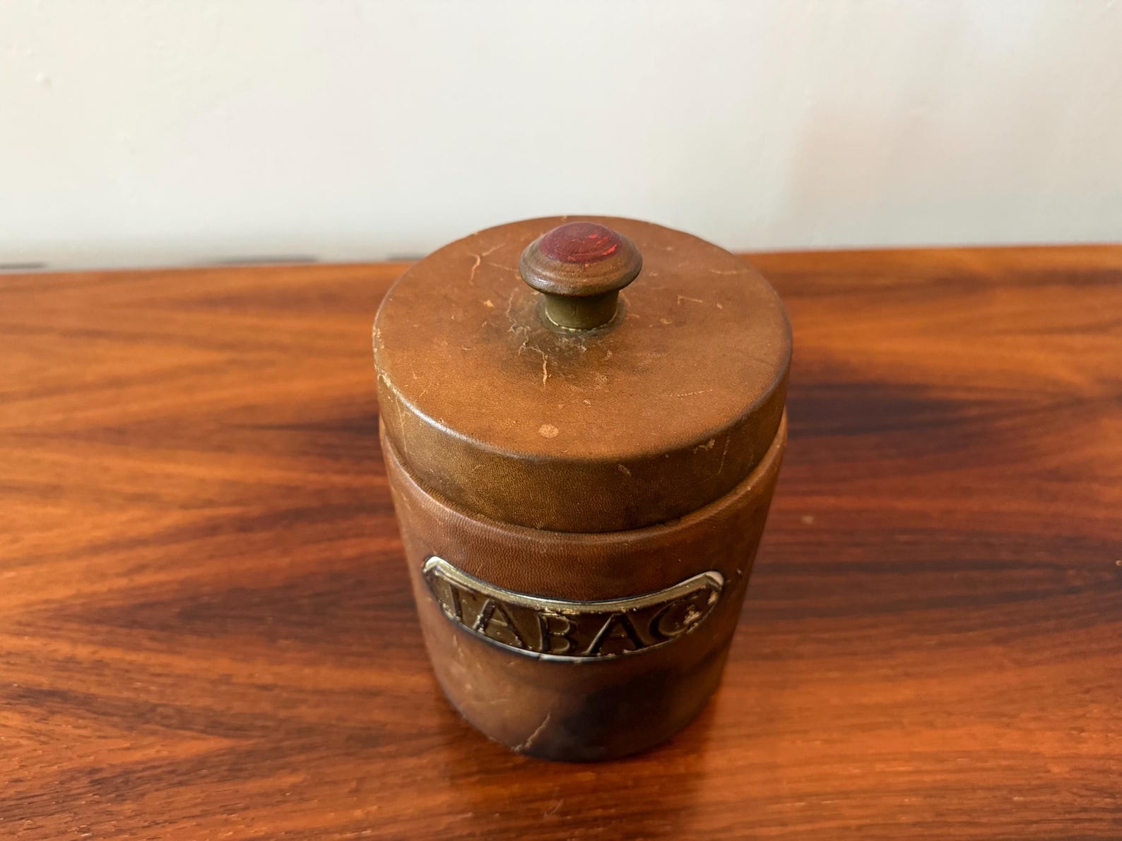 Vintage leather tobacco jar with ceramic lid – mid 20th century – Dunhill Paris label