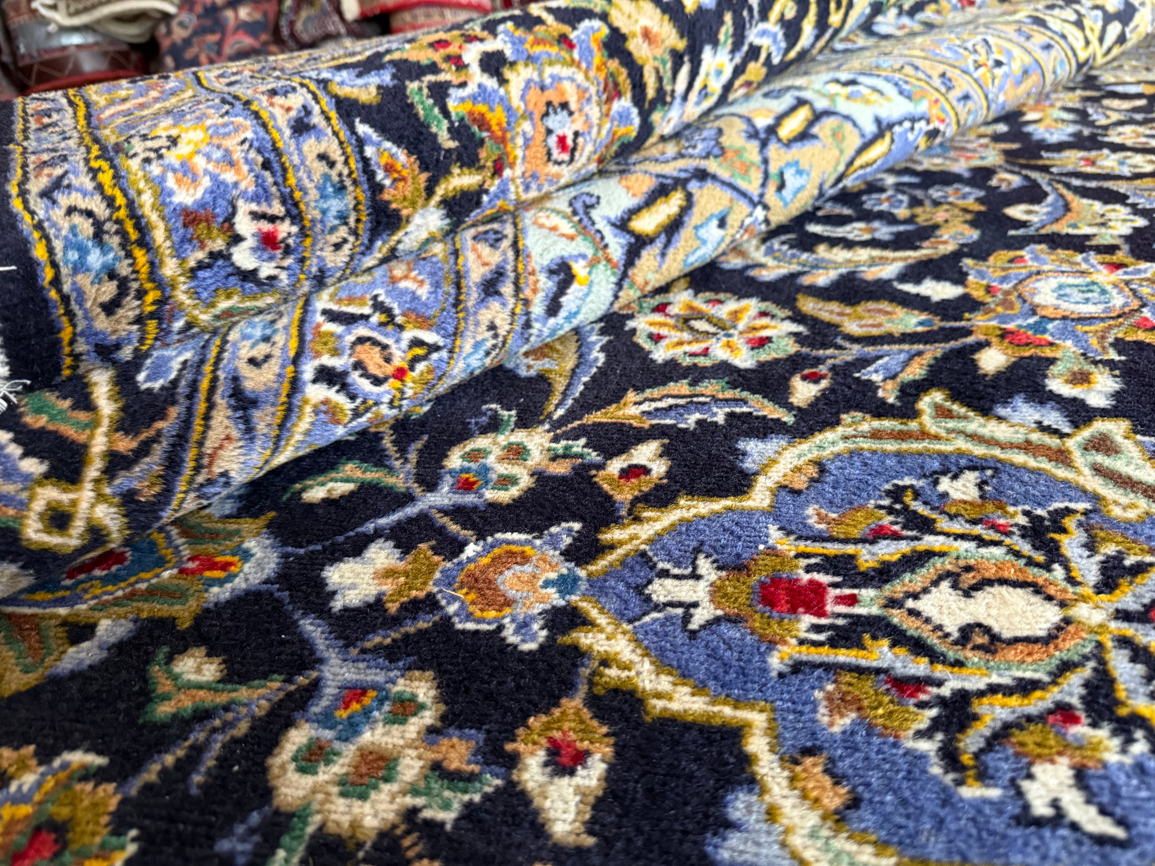 XL vintage medaillon tapijt in nachtblauw &amp; lichtblauw – ca. 408×295 cm