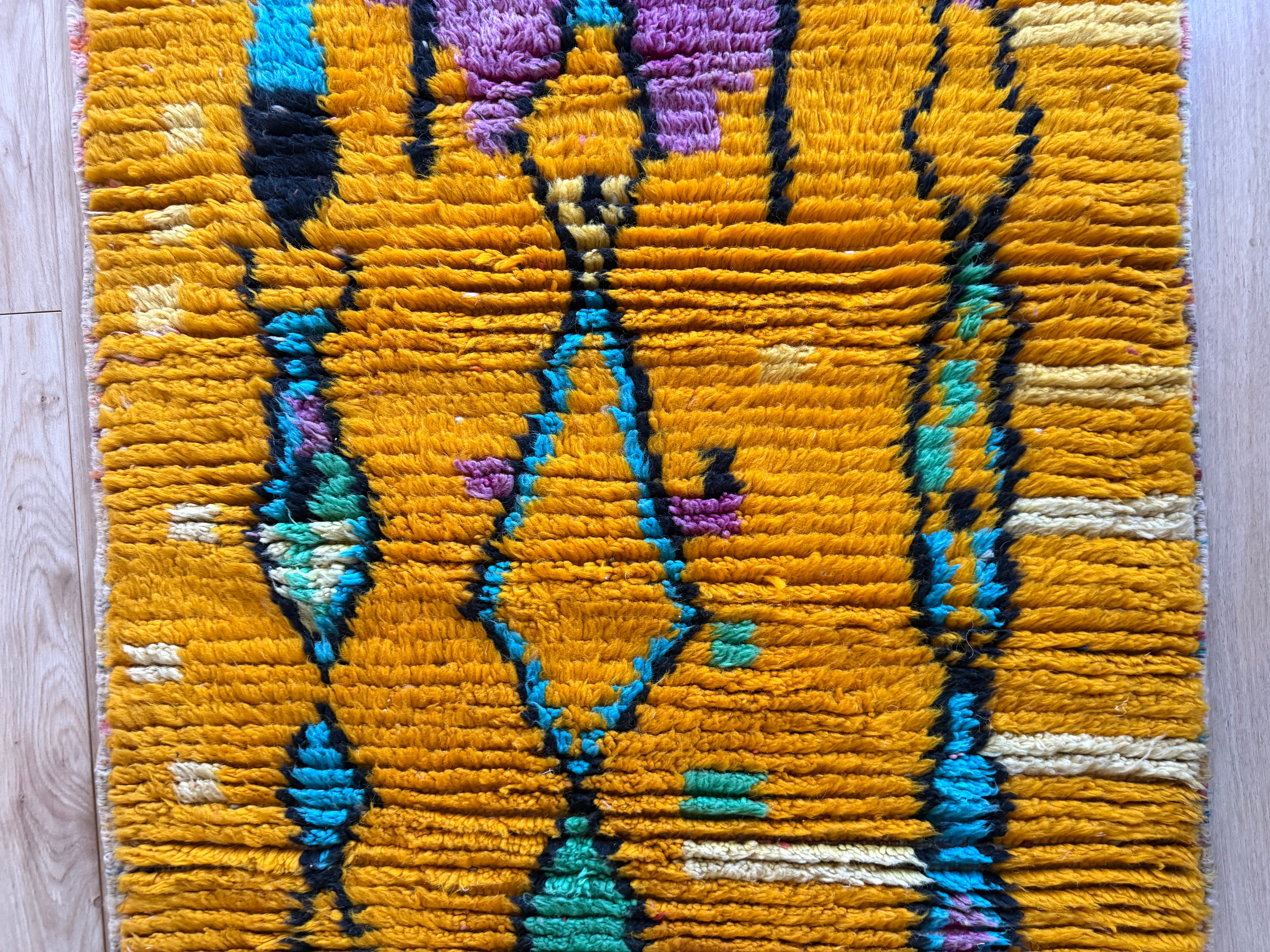 Vintage Moroccan runner – mustard yellow, lilac, and turquoise – 211 × 100 cm