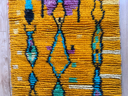 Vintage Moroccan runner – mustard yellow, lilac, and turquoise – 211 × 100 cm