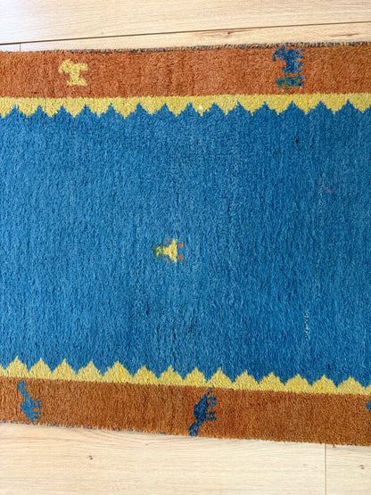 Vintage handgeknoopte loper – blauw &amp; oker – ca. 302 × 77,5 cm