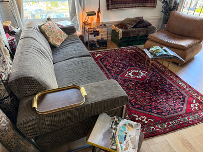 Vintage handgeknoopt wollen tapijt met medaillon – rood en donkerblauw – 217 × 130 cm