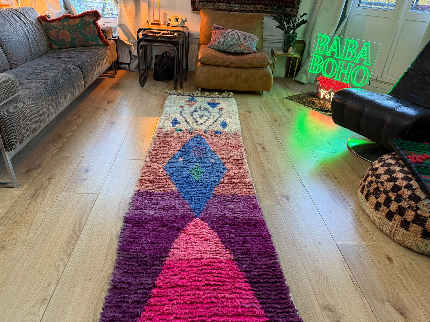 Authentiek Berber wollen kleed – kleurrijke Marokkaanse loper (310 × 70 cm)