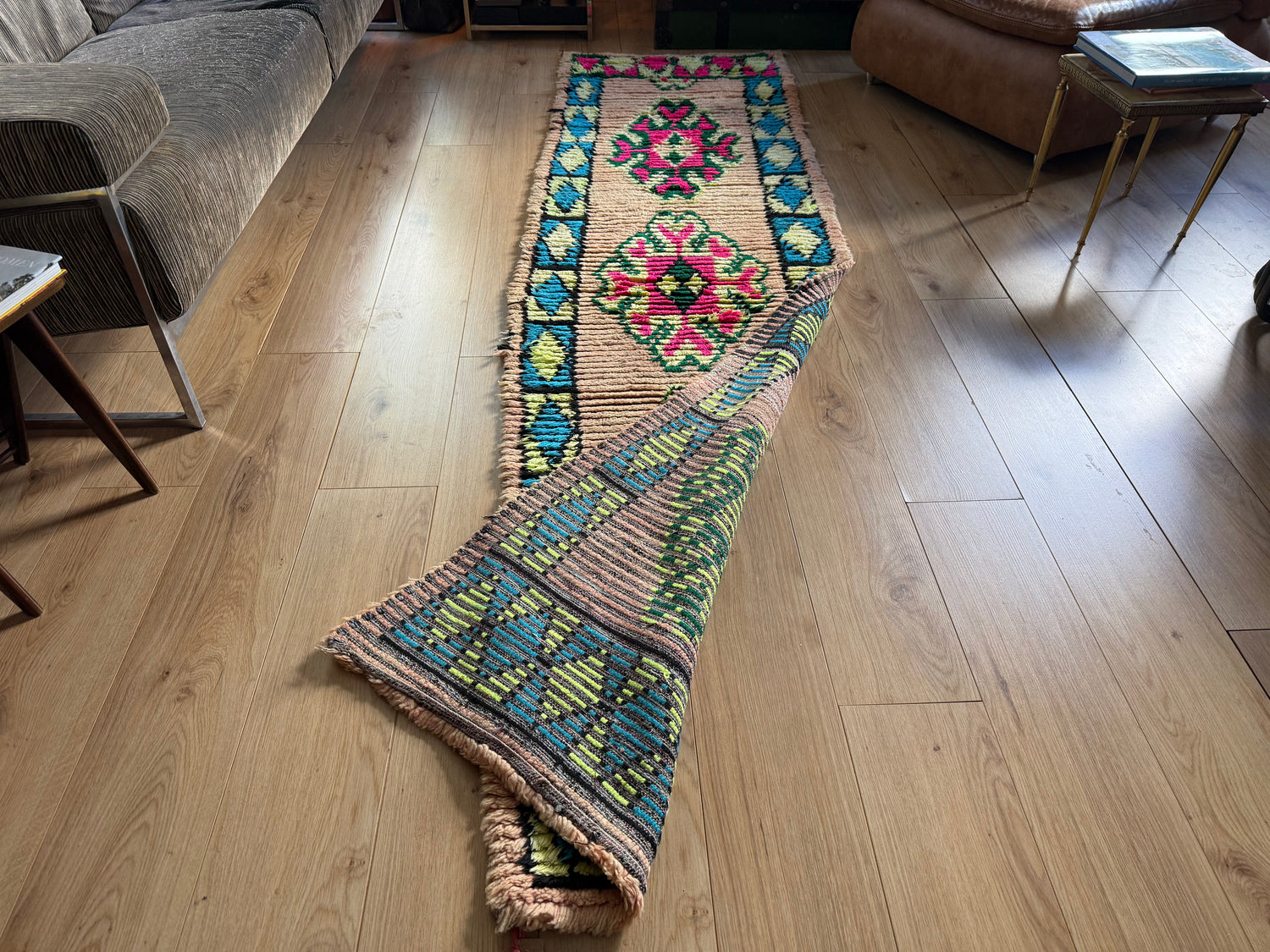 Vintage Moroccan Runner in Pink and Turquoise – 280 × 78 cm
