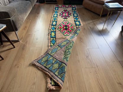 Vintage Moroccan Runner in Pink and Turquoise – 280 × 78 cm