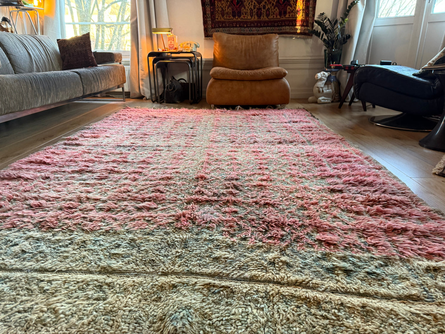 Vintage Marokkaans Berbertapijt – poederroze &amp; salie 290 × 180 cm