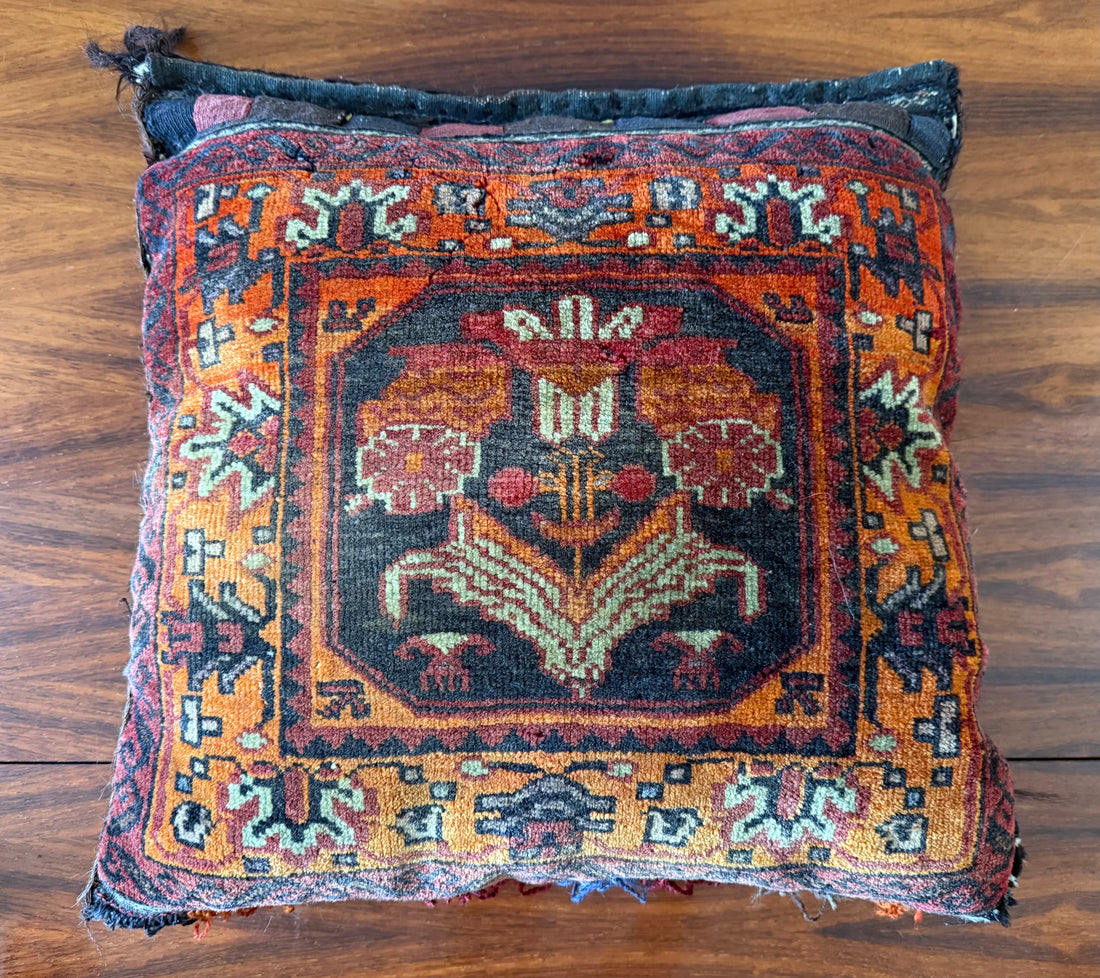 Vintage nomadic floor cushion made of hand-knotted wool, one of a kind