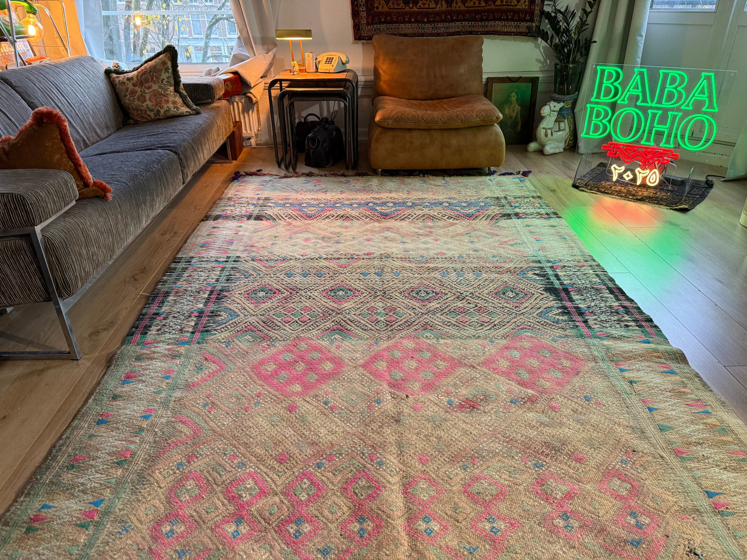 Vintage Berber tapijt in zachte pasteltinten – 362 × 180 cm
