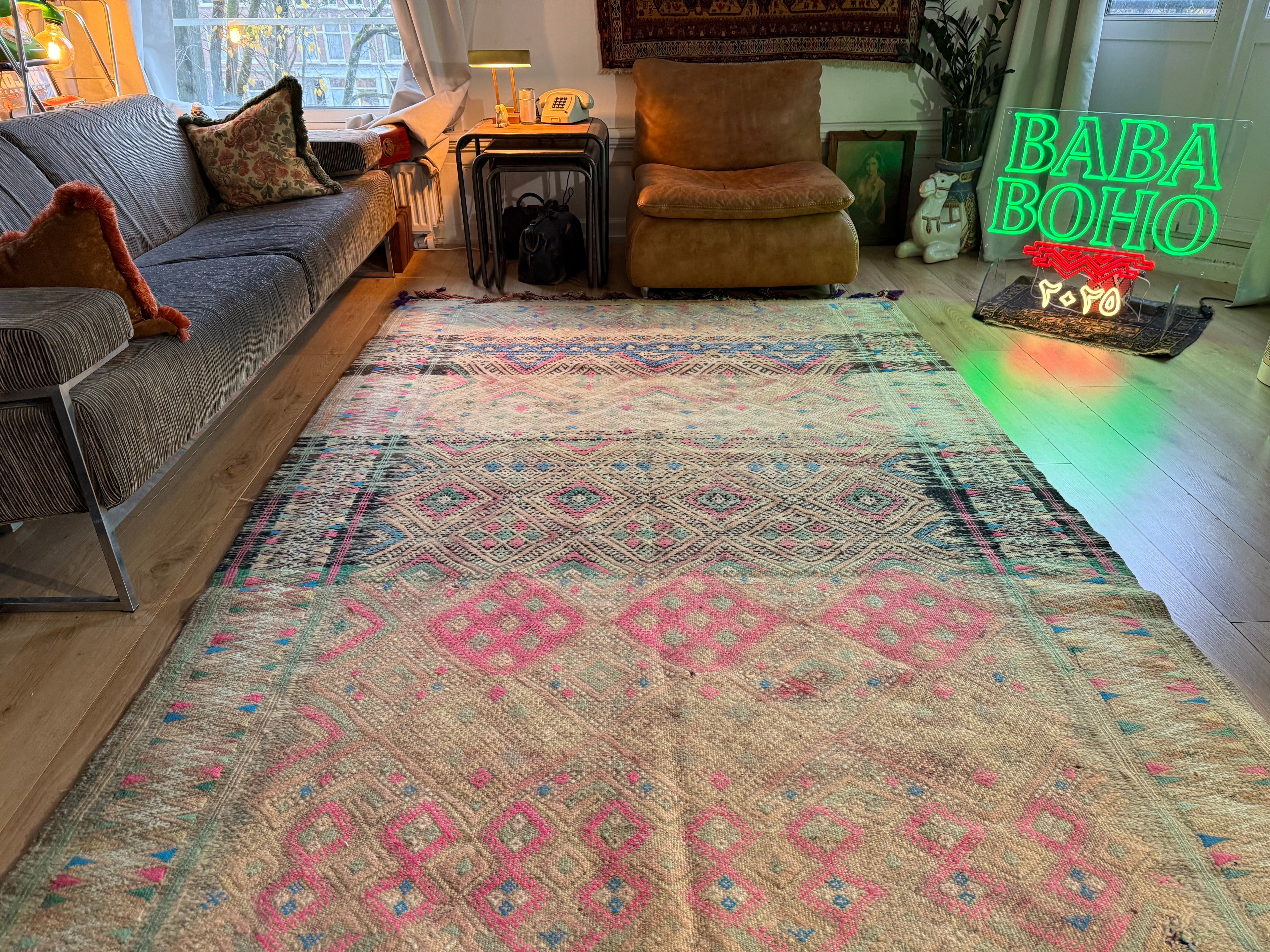 Vintage Berber tapijt in zachte pasteltinten – 362 × 180 cm