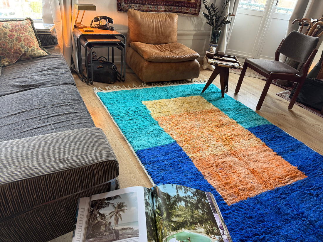 Tapete vintage moderno de pelo alto 260 × 156 cm – design gráfico de blocos de cor