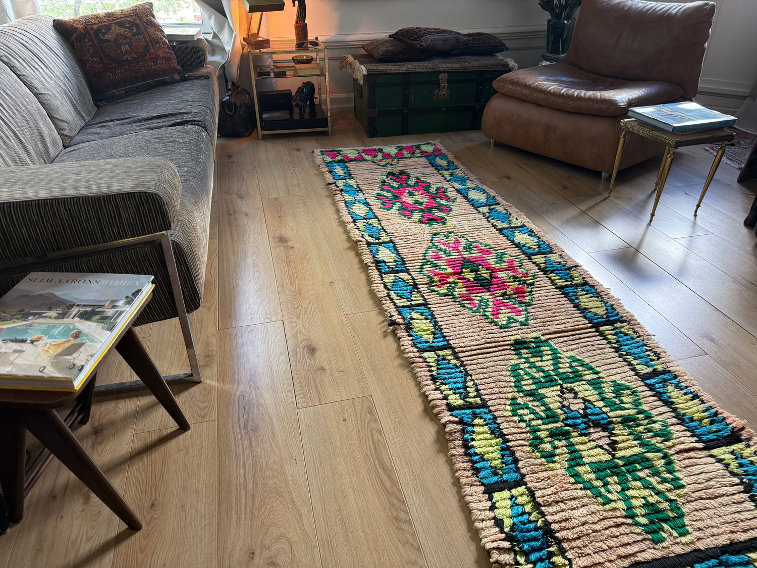 Vintage Moroccan Runner in Pink and Turquoise – 280 × 78 cm