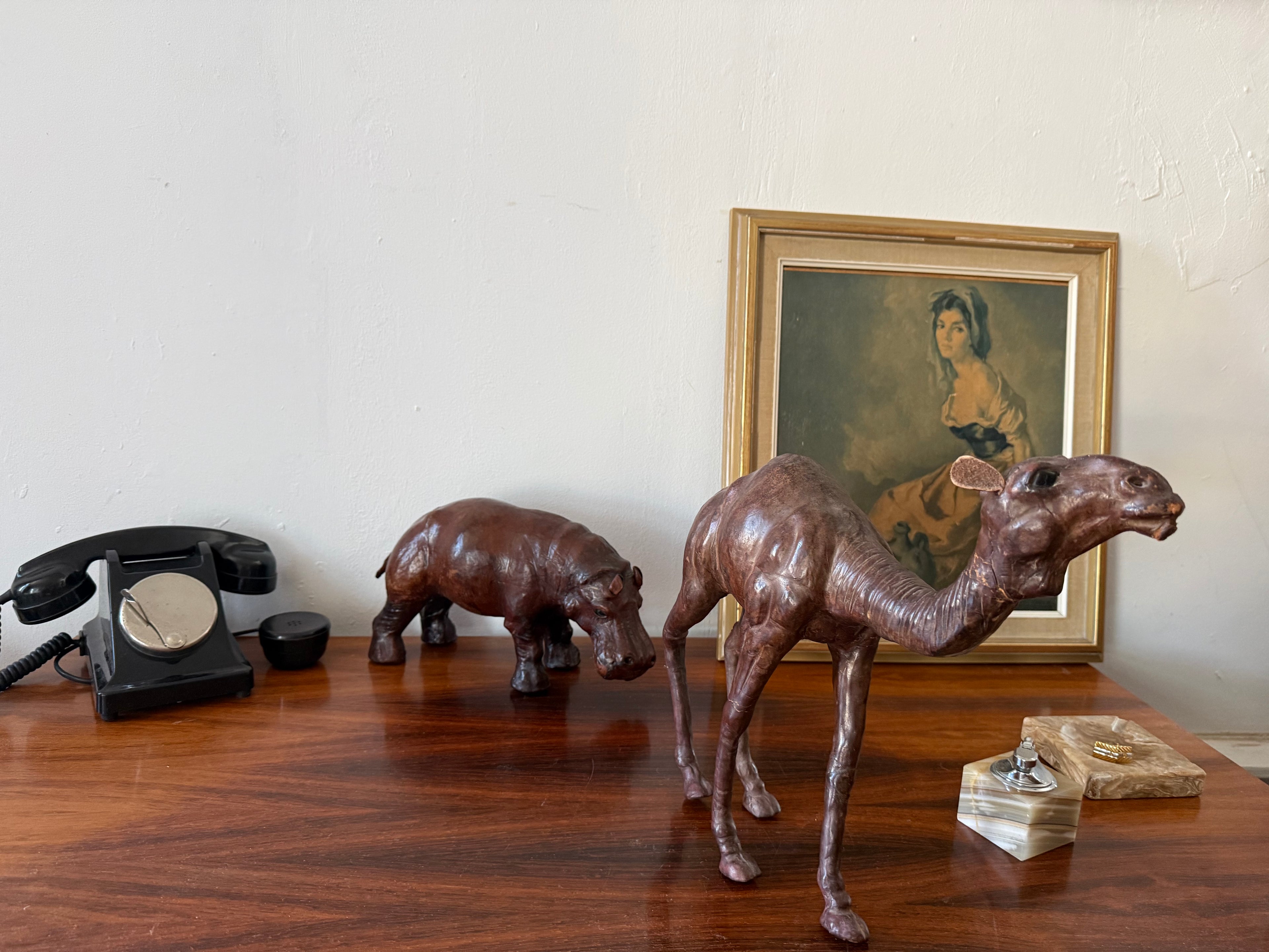 Vintage Dark Leather Camel (Dromedary) – Sculptural Handcrafted Wood &amp; Leather Object