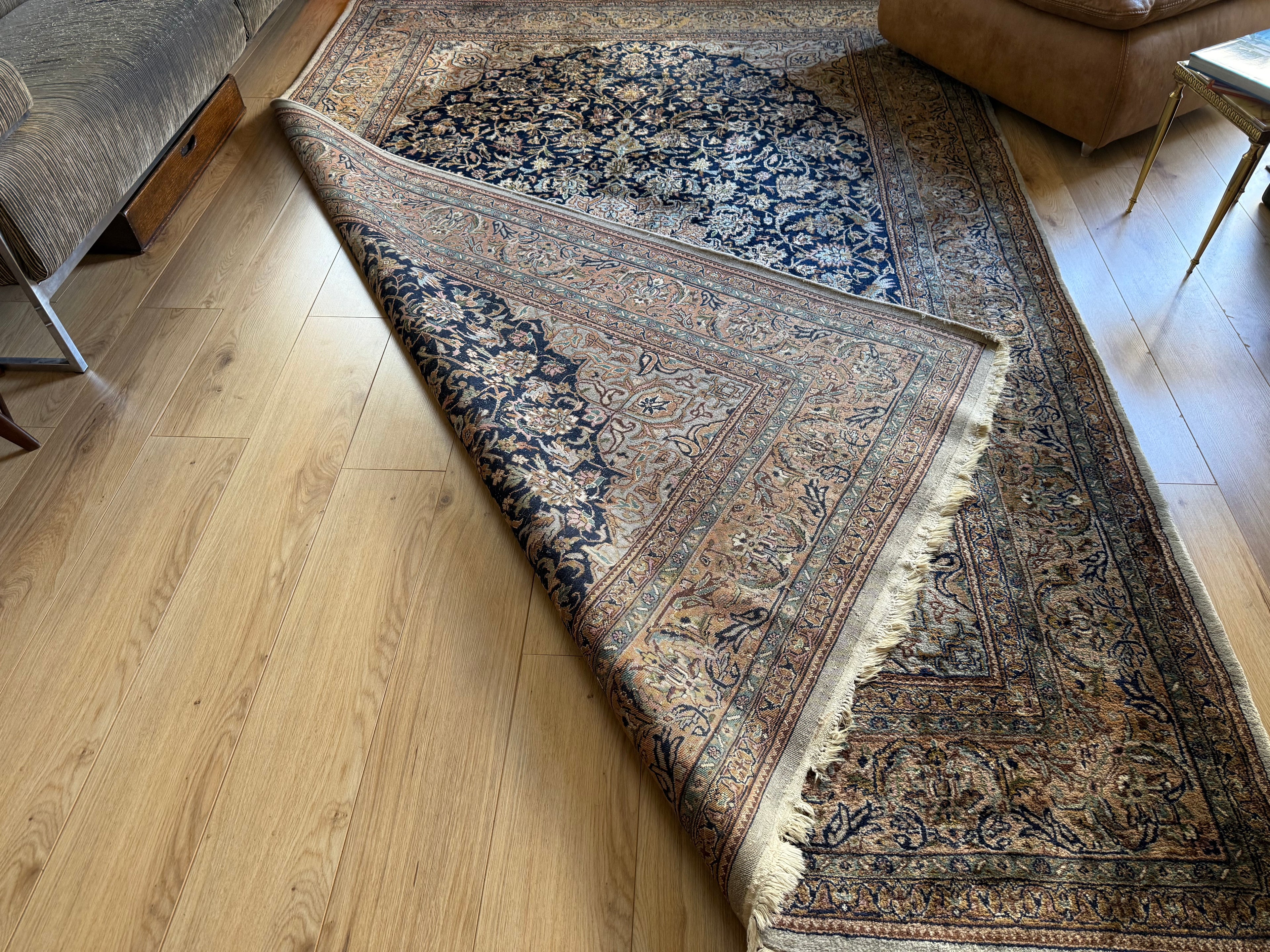 Handgeknoopt tapijt 304 × 202 cm – Kashan stijl – blauw veld