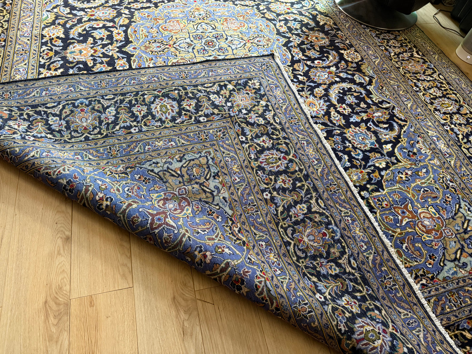 XL vintage medaillon tapijt in nachtblauw &amp; lichtblauw – ca. 408×295 cm