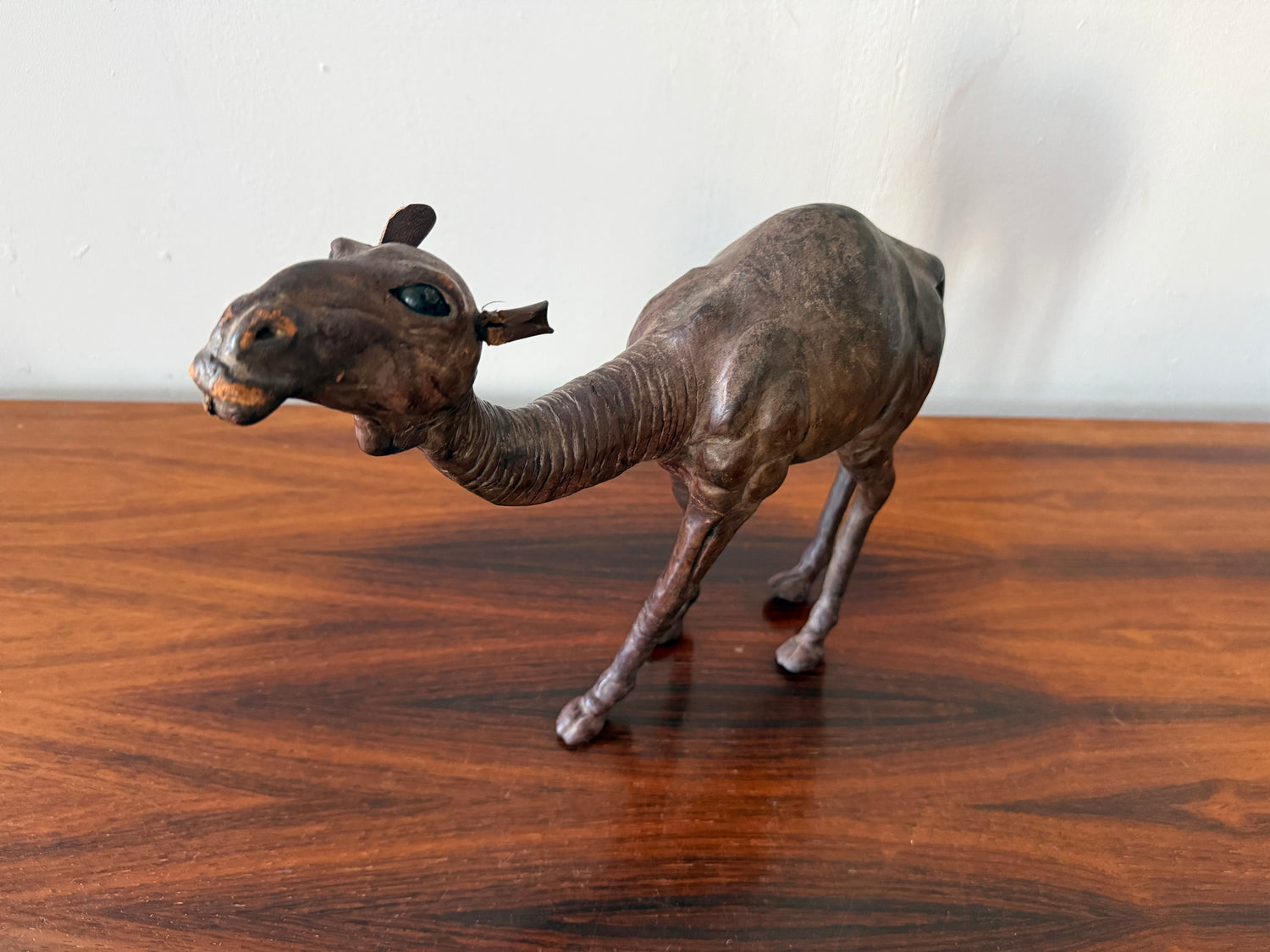 Vintage Dark Leather Camel (Dromedary) – Sculptural Handcrafted Wood &amp; Leather Object