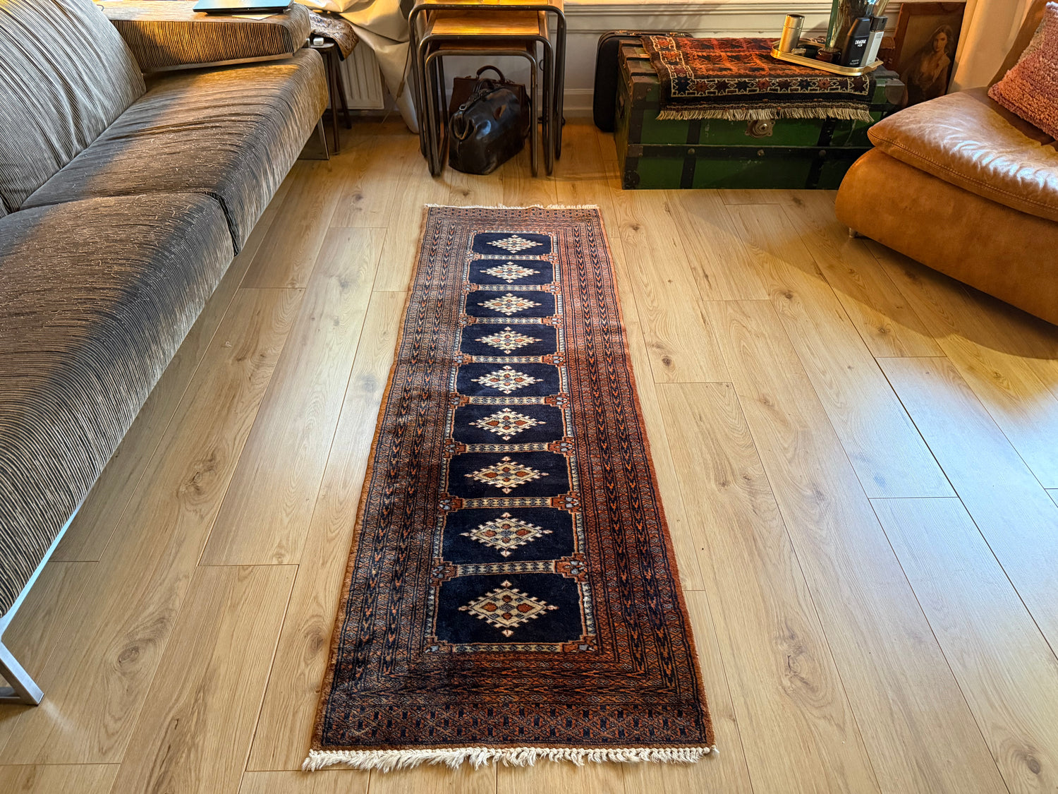 Handgeknoopte vintage loper – Baluchi stijl – ca. 280 × 75 cm