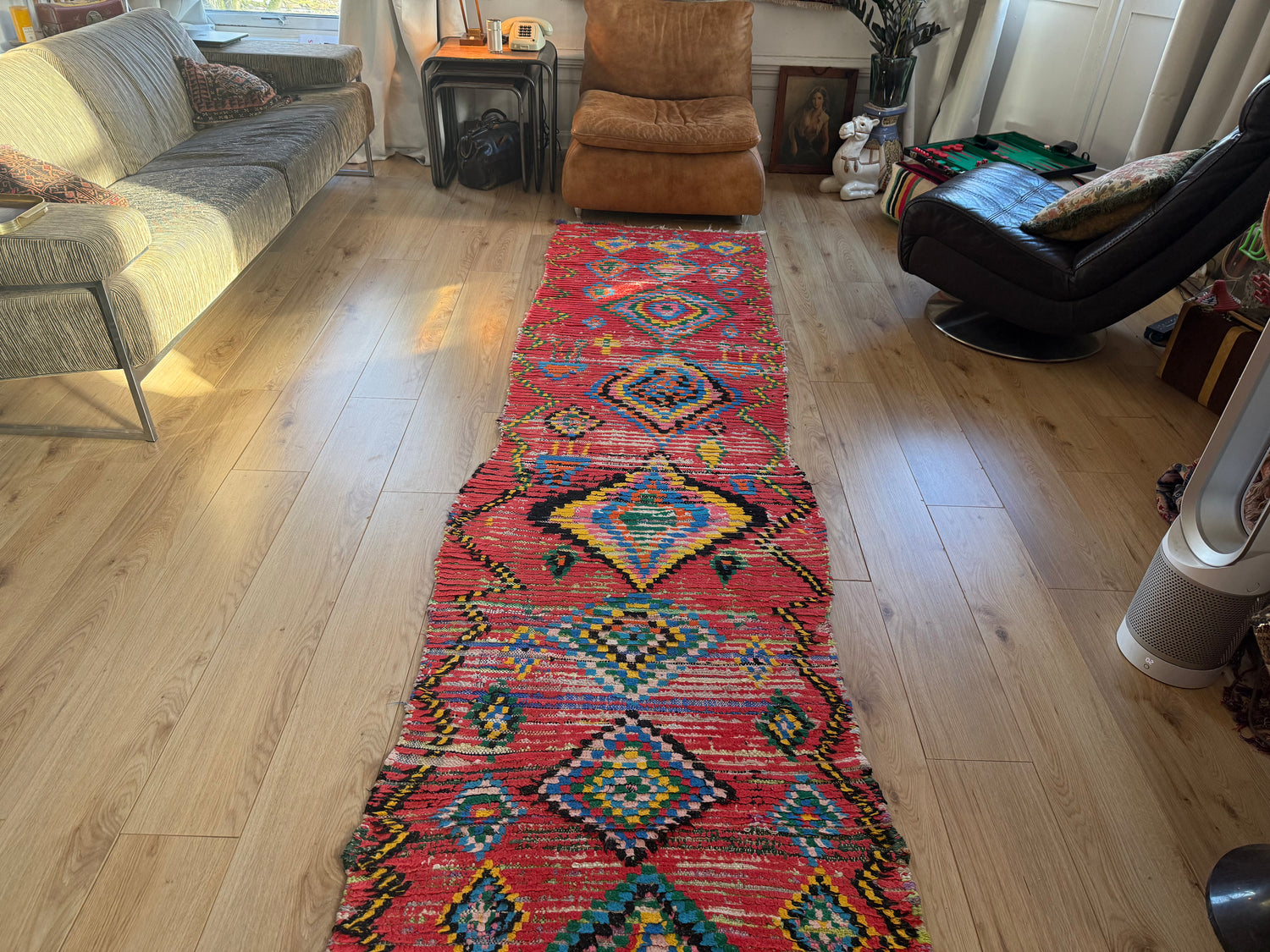 Handgeweven vintage loper met levend ritme 334 × ca. 92 cm (organisch variërend)