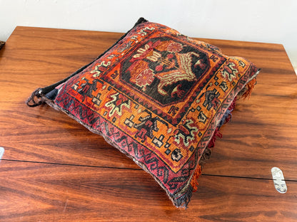 Vintage nomadic floor cushion made of hand-knotted wool, one of a kind